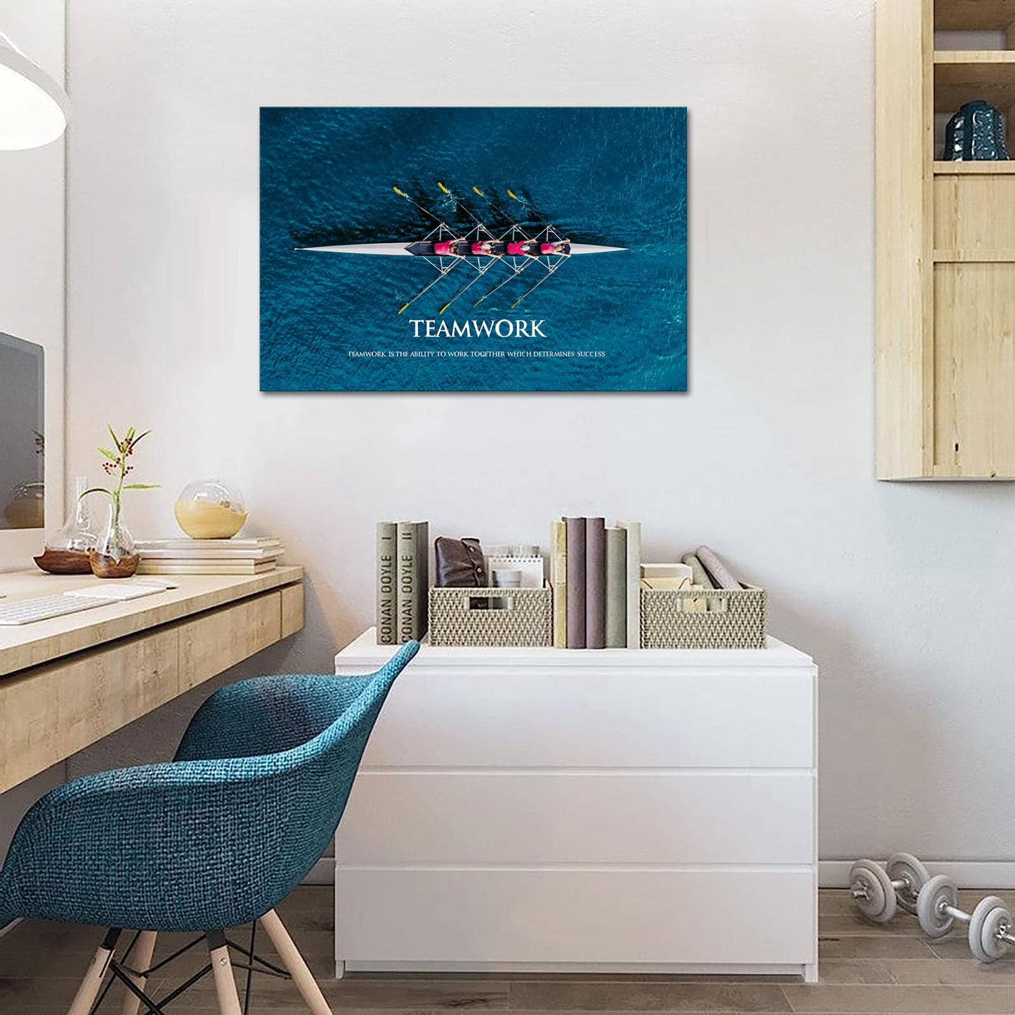 KLVOS Inspirational Success Teamwork Canvas Wall Art Rowing Team on Blue Ocean Framed Motivational Self Positive Office Quotes Picture Gallery Wrap Modern Home Office (24"x36")