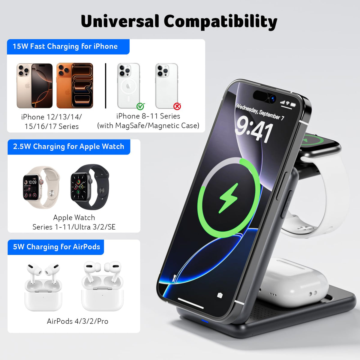 Acer 3 in 1 Charging Station for Apple Device, Magnetic Wireless Foldable Fast Charger Stand Compatible with MagSafe for iPhone, Apple Watch & AirPods, Foldable Charging Dock for Desk S3