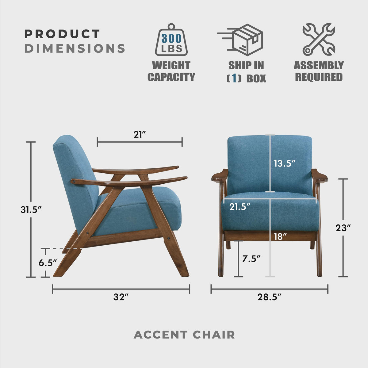 Lexicon Mid Century Modern Accent Chair with Solid Wood Frame in Walnut Finish, Upholstered Living Room Lounge Arm Chair, Thick and Comfy Innerspring Seat Cushion, Linen-Look Fabric, Blue
