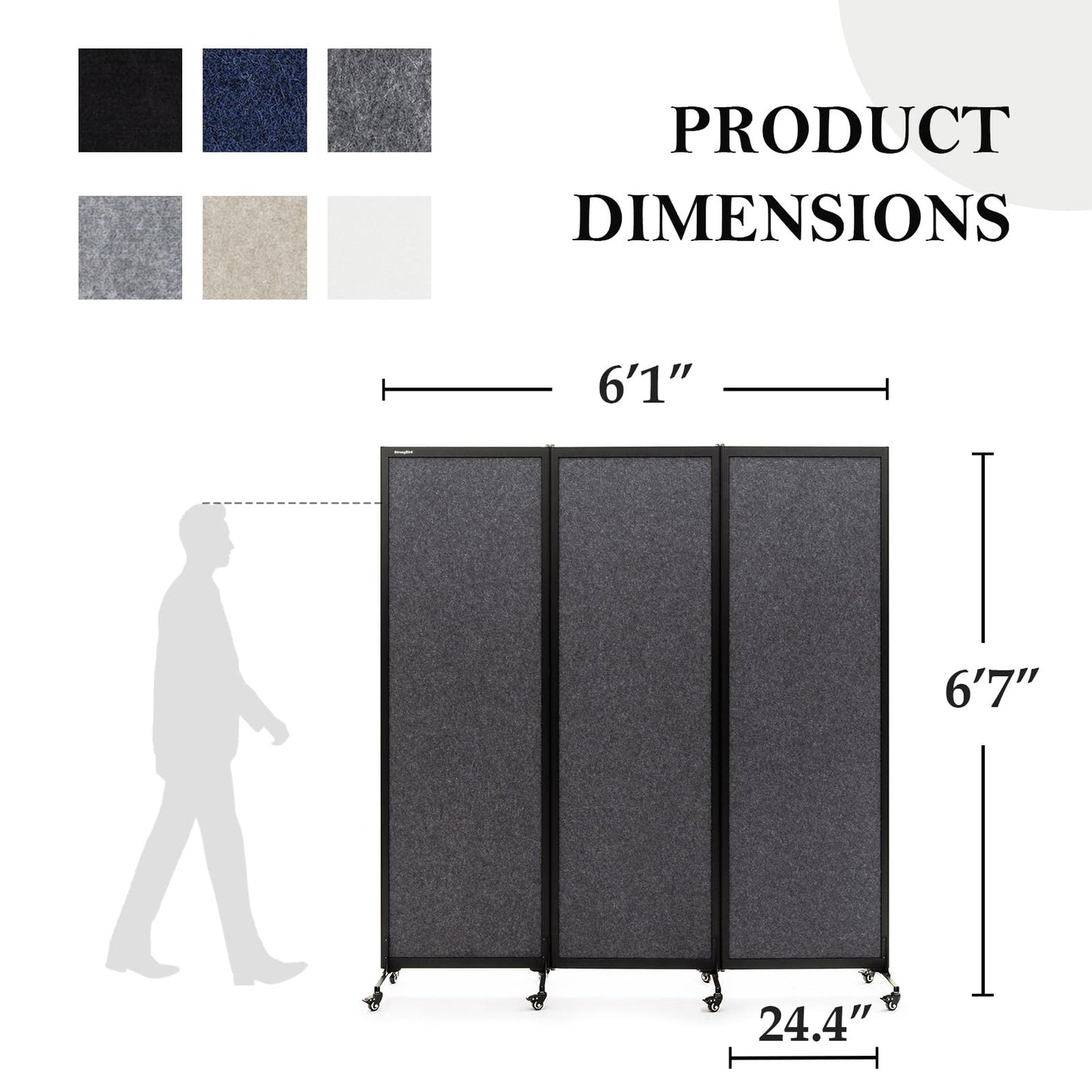 Upgrade Version Room Partition and Divider, Freestanding Rolling Dividers with Wheels,Office Privacy Screen Divider Wall,Classroom Felt Dividers,6'L* 6'7"H,3 Panel,Dark Grey