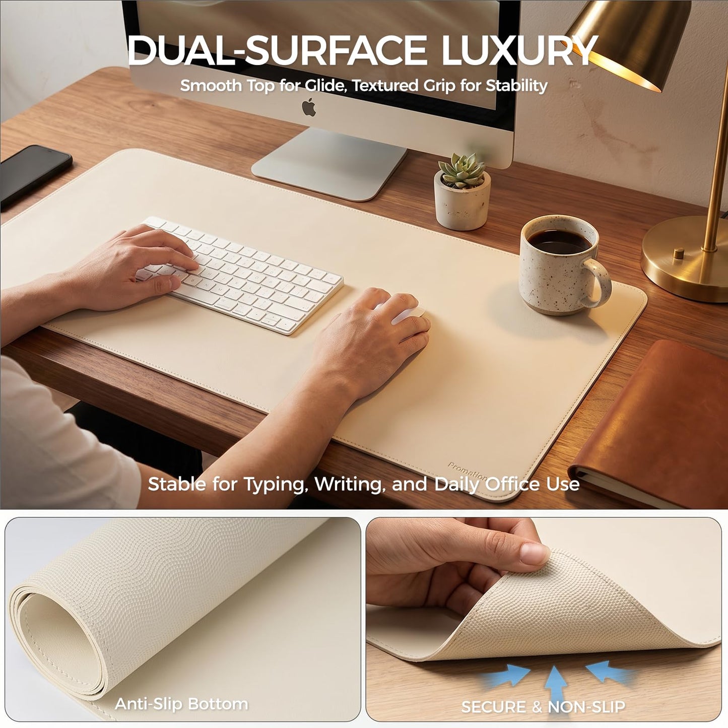 PROMATTOO Large Desk Pad Non-Slip Desk Mat Protector for Keyboard Mouse Waterproof Vegan Leather Surface Faux Leather Laptop Mat Smooth Mouse Pad Premium Gift Tube Creamy White 35" x 17"