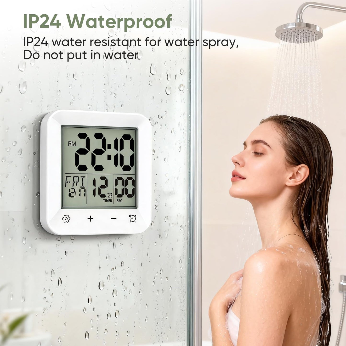 onannos Bathroom Clock Waterproof Shower Timer, Digital Wall Clock with Countdown, Touch Screen, LCD Display, Temperature, Suction Cup/Hanging Hole/Stand, Spa Sauna, Kids and Adults I White