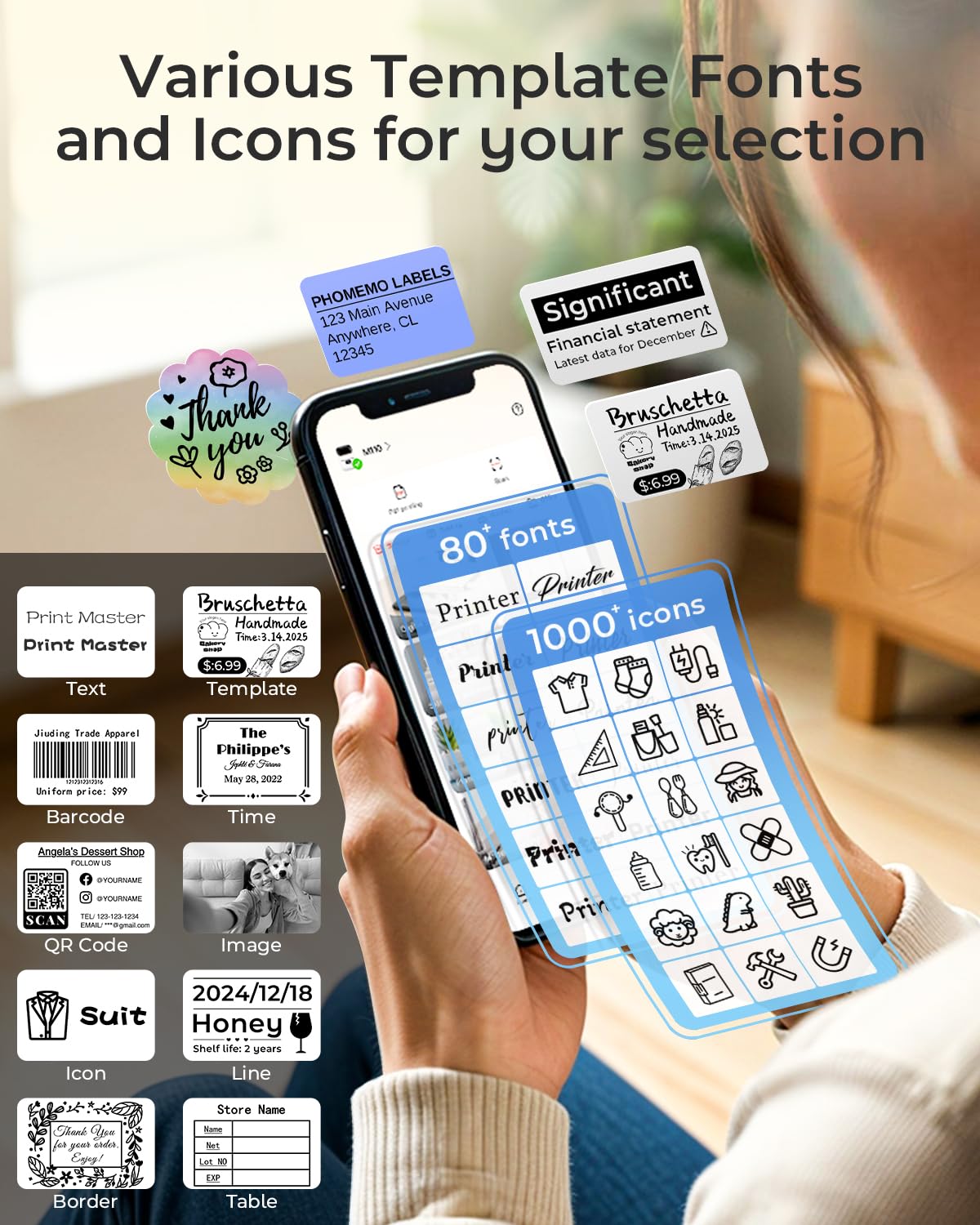 Phomemo Label Printer - M110 Address Label Maker Bluetooth Thermal Portable Label Maker Machine for Small Business, Barcode, Cable, Retail, Clothing, Barcode Printer Compatible with Phones & PC, White