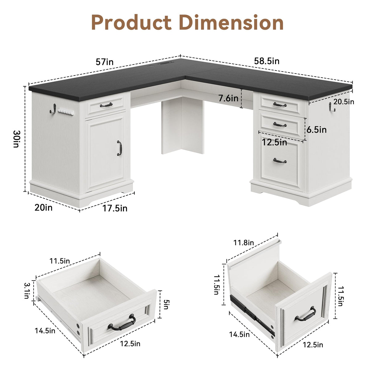 Jocoevol L-Shaped Executive Desk with Drawers, 59" Farmhouse Home Office Desk with File Cabinet, Computer Desk with Charging Station & Headphone Hook for Work/Study/Writing (White & Black, L-Shaped)