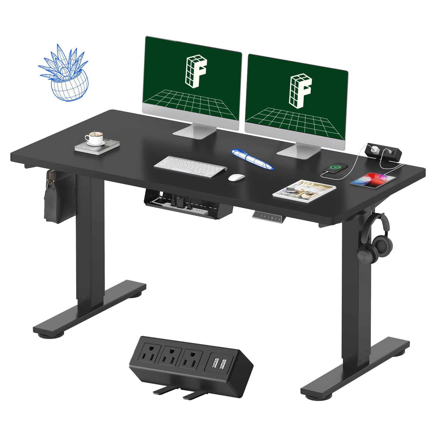 FLEXISPOT EN2 Whole-Piece Standing Desk with Clamp Power Strip, 55 x 28” Electric Stand Up Height Adjustable Desk with Cable Management (Black Frame + 55" Black Top, 2 Packages)