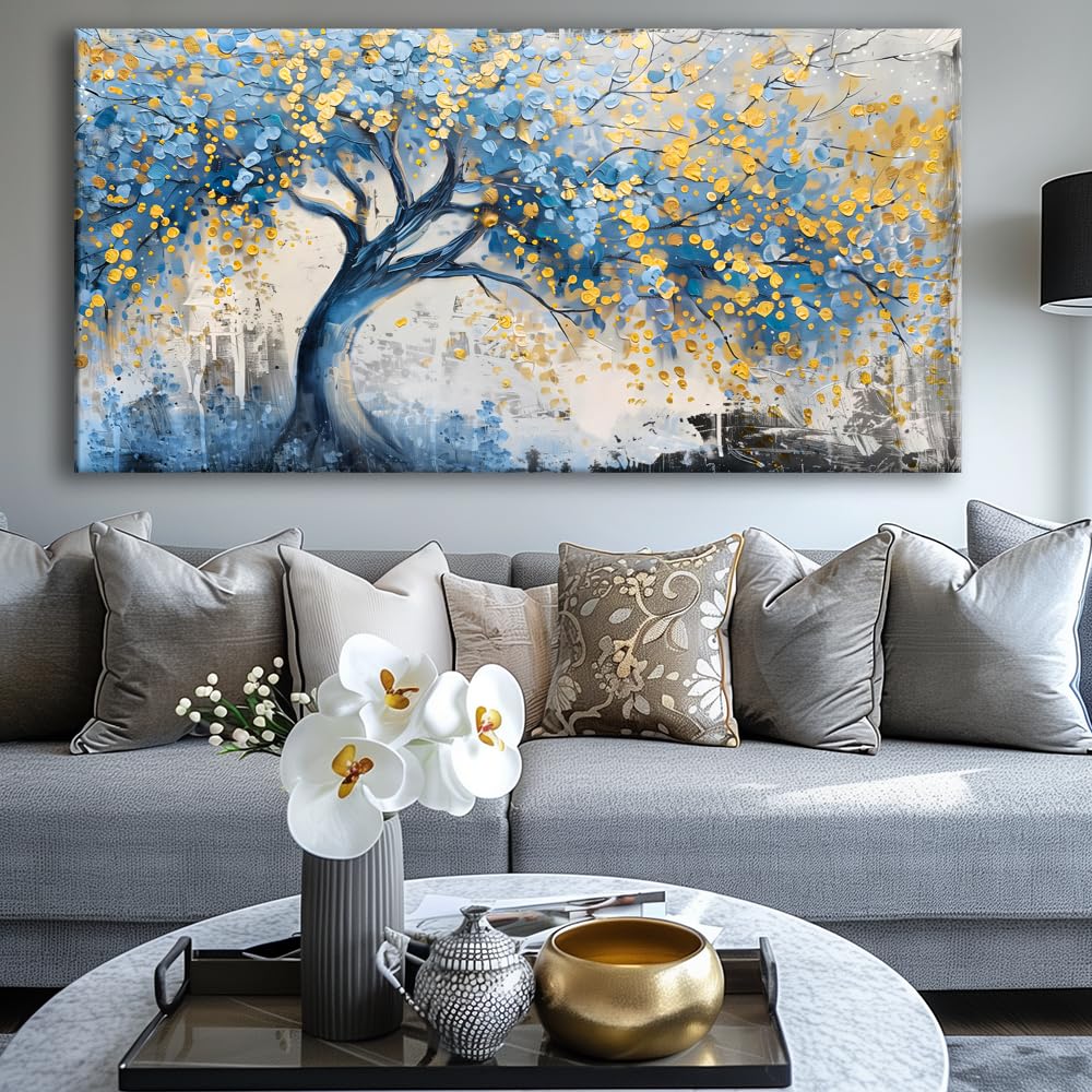 Wall Art Tree of blue Life Abstract Canvas Painting Textured Picture, Modern Landscape Artwork Framed for Living Room Bedroom Bathroom Office Home Decor 40x20in
