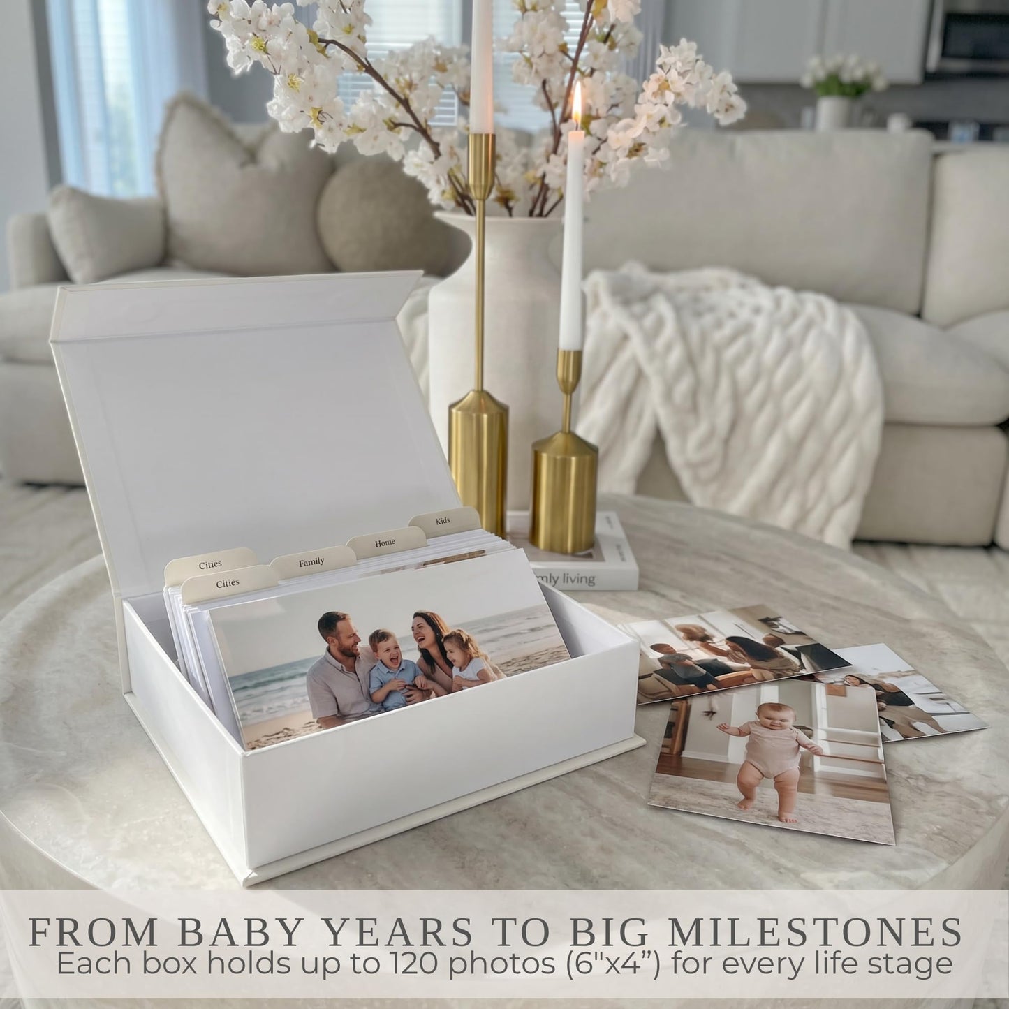 ZICOTO Decorative Photo Storage Box Set of 5 - Sturdy Photo Organizer Boxes with Dividers and Pre-Printed Labels to Keep Your Precious 4x6 Pictures Beautifully Organized on Your Shelf