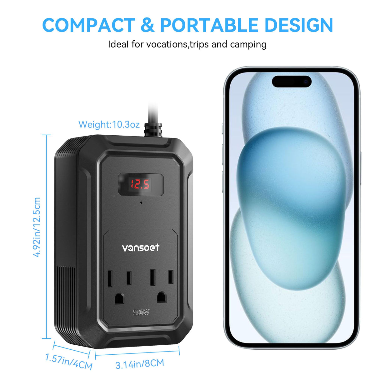 200W Car Power Inverter DC 12V to 110V AC Inverter with PD 65W/30W USB C & 2 QC 18W USB Ports & 2 AC Outlets,Car Pluɡ Adapter Outlet for Laptop/Phone/Road Trip