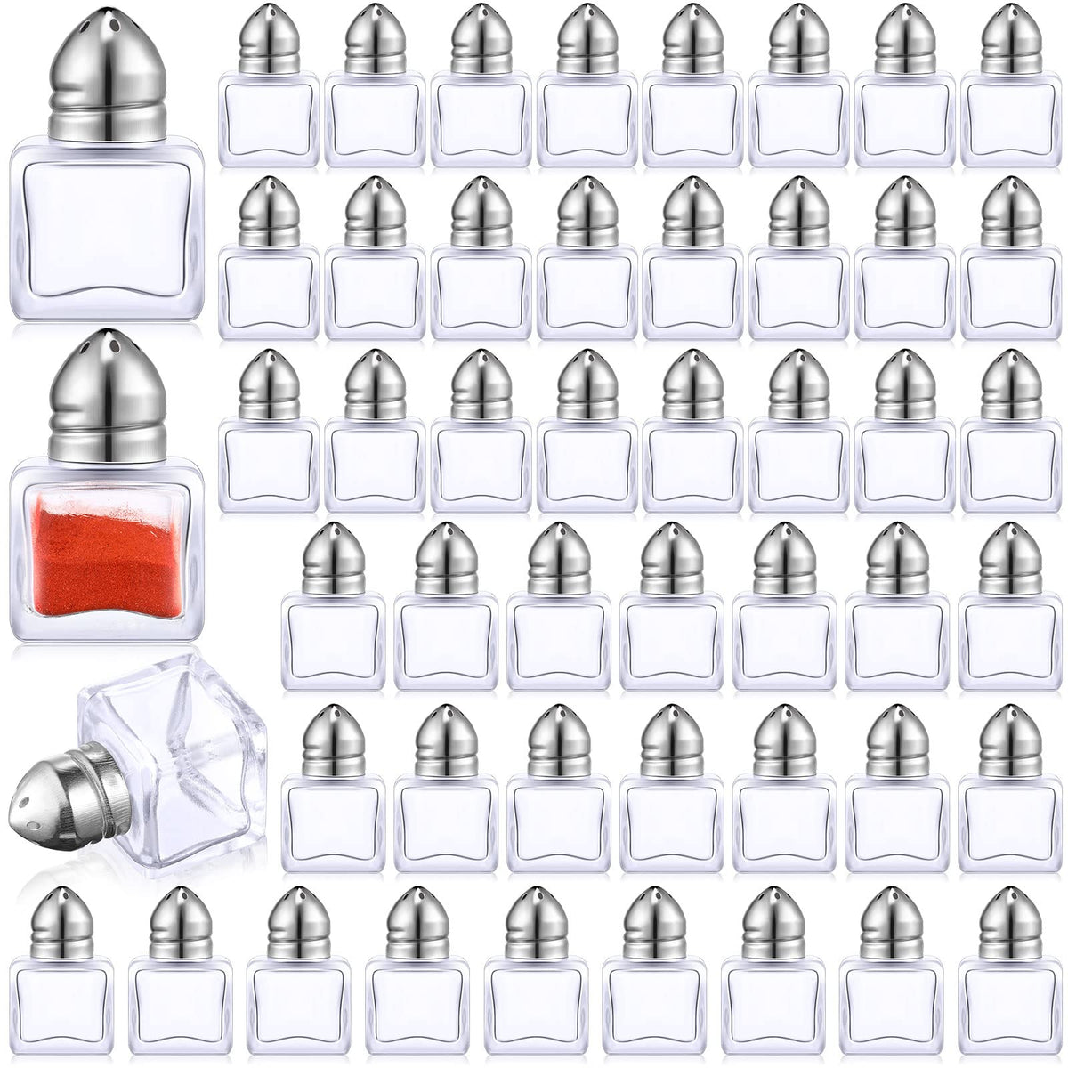 Potchen 50 Set Mini Salt and Pepper Shakers Small Salt and Pepper Shakers Bulk Clear Glass Individual Tiny Spice Seasoning Holders for Home Restaurant Kitchen Table Wedding Party Supplies(Silver)