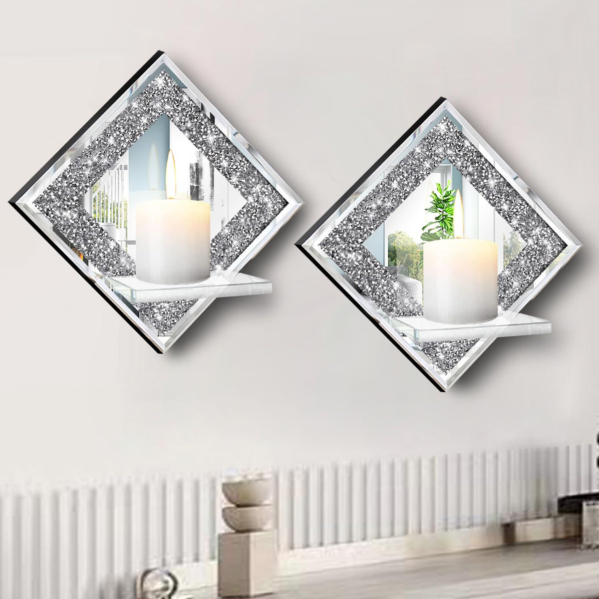 ZOLAPI Crystal Crush Diamond Wall Candle Holder Set of 2, Diamond Silver Mirrored Candle Sconces, Home Wall Decoration for Living Room, Dining Room & Bedroom.