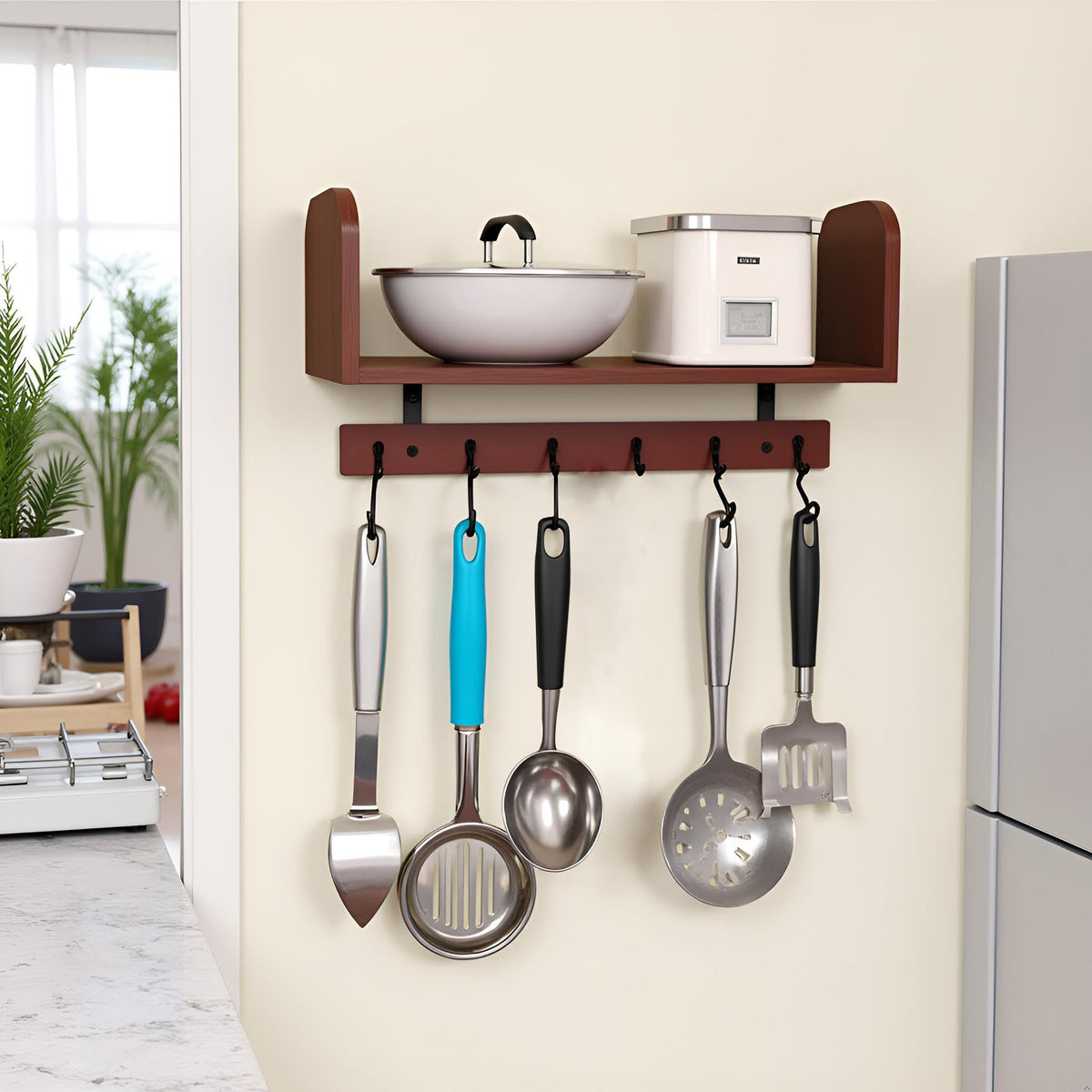 RichArrive Selling at a Loss Promotion,Wooden Shelf with Hooks - Multipurpose Organizer for Kitchen, Books, Kitchen Shelf - Wall Mounted Natural Wood Storage Rack for Home，Floating Book Shelves