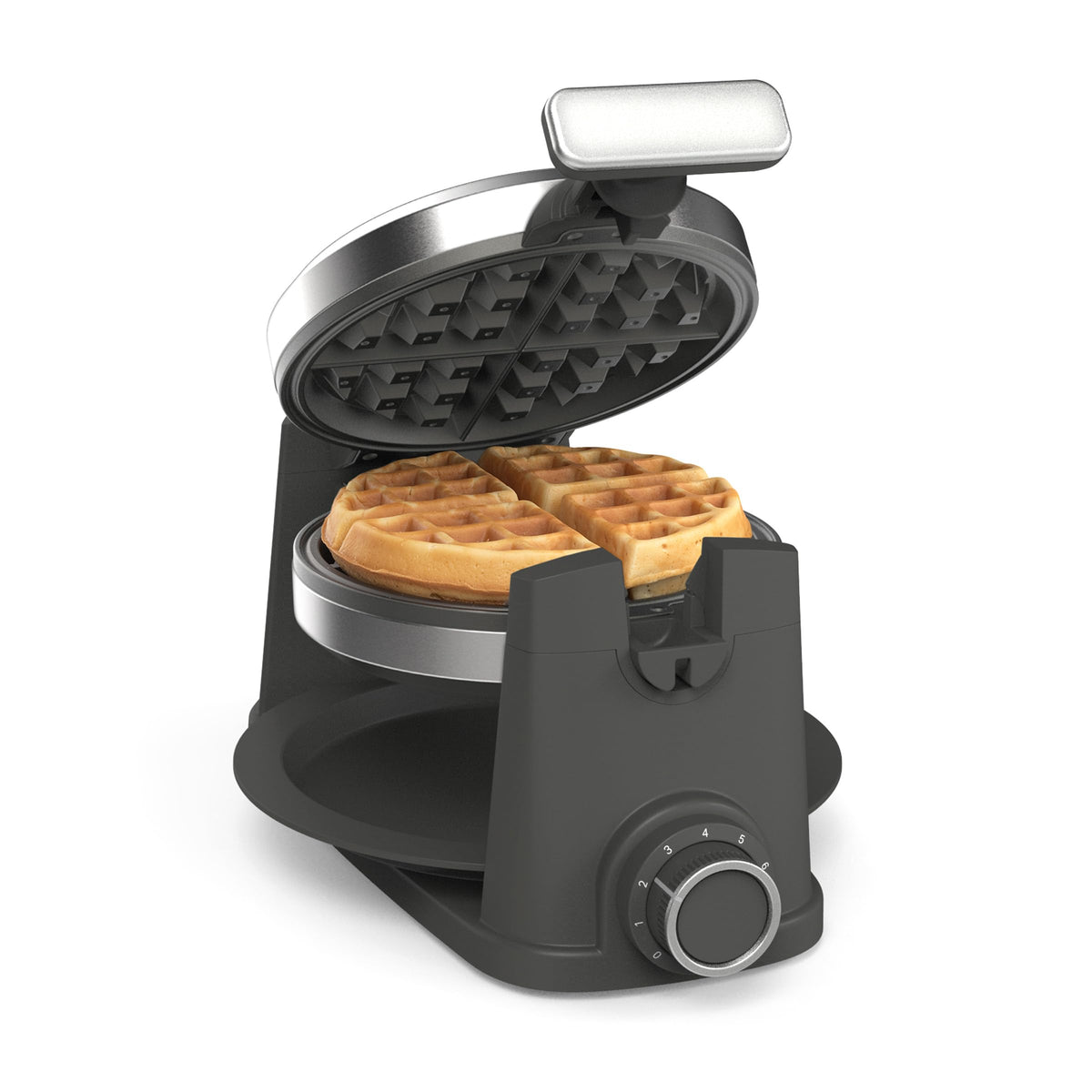 Martha Stewart Rotating Waffle Maker, 180° Flip Iron with PFAS-Free Nonstick Plates, Adjustable Timer, Ready Light, Drip Tray, Space Saving, Classic Round 7”, Easy to Clean, Stainless Steel, Caviar