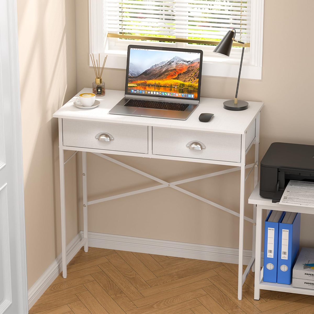 DAOUTIME Small Writing Desk for Kids Bedroom, 31.5 Inch White Computer Desk for Small Spaces, Simple Desk with 2 Fabric Drawers for Home Office, Dorm, Living Room, Home Study Table, White