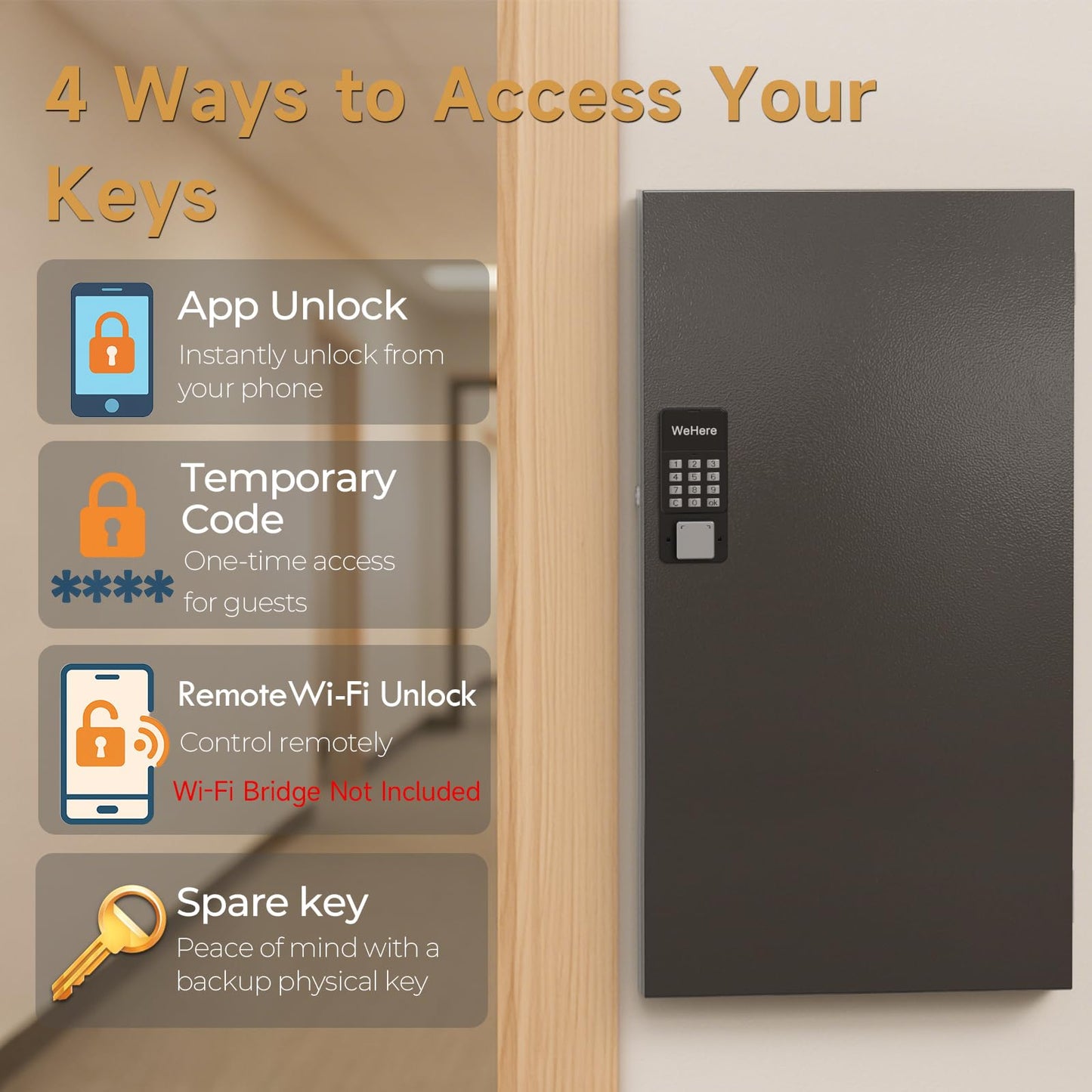 DiDiHere 120-Key Smart Key Lock Box Wall Mount – Commercial Key Cabinet with App, Keypad, Bluetooth & WiFi Unlock (Sold Separately), Access Log Tracking, Key Management System for School, Office