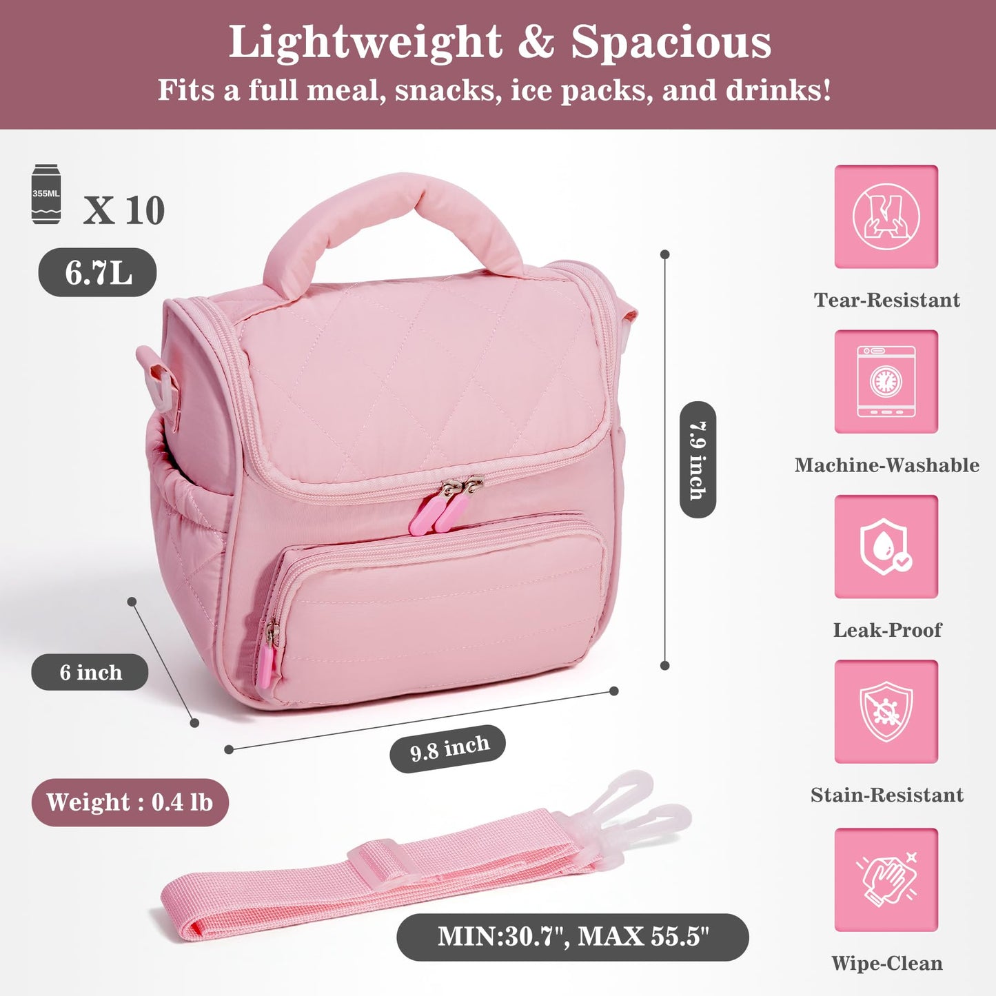 HASHMUST Lunch Bag for Women Adults, Portable Insulated Puffer Lunch Tote Bag, Reusable Leakproof Lunch Box Cooler with Handles For Work Picnic Travel Trip - Pink