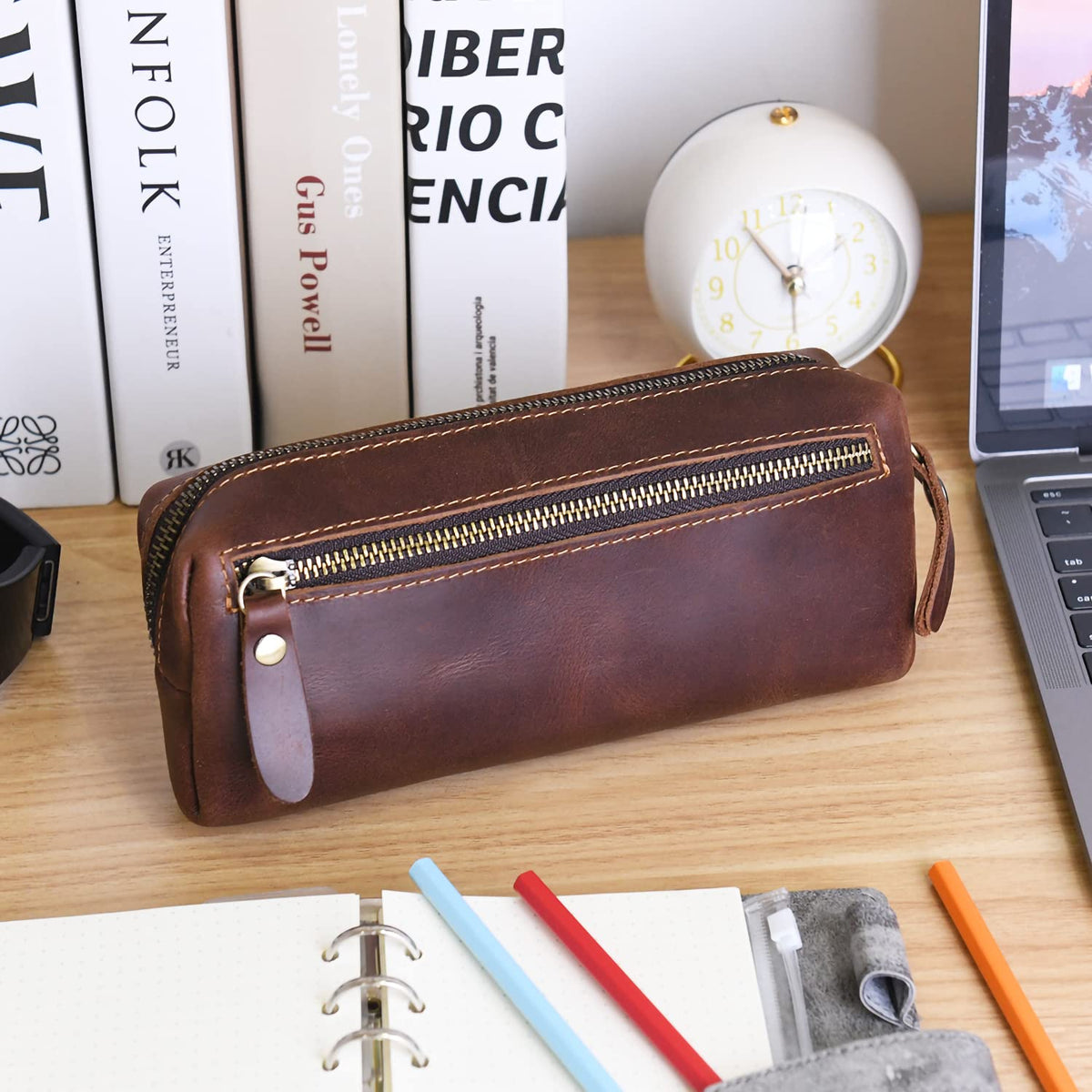 WONDERPOOL Pen Case Real Leather Pencil Pouch Markers Holder Big Capacity Bag with Side Zippered Pocket Sleeve for Stationery Makeup Utensils Organizer (Coffee)