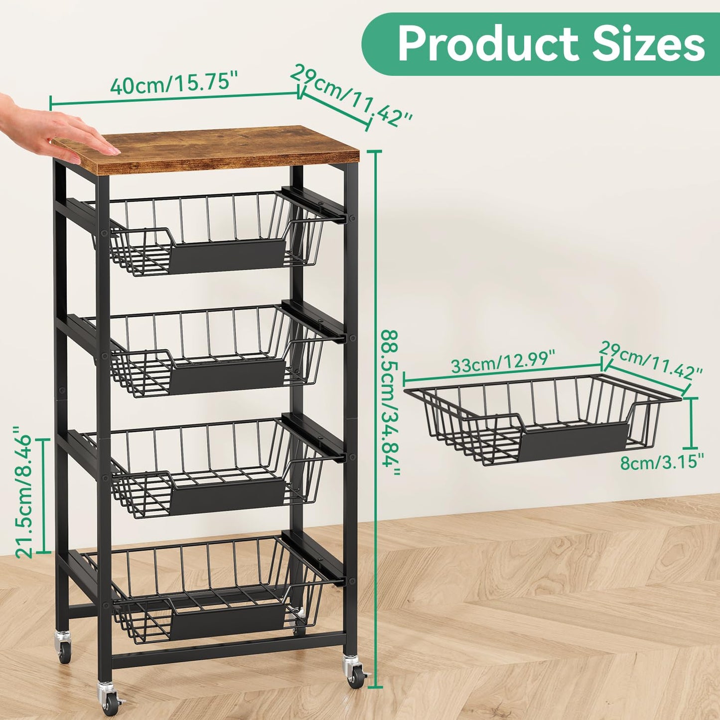 IBUYKE Kitchen Fruit Vegetable Storage Cart with Drawers,Metal Rolling Utility Cart with Fruit Basket and Wooden Top,Rolling Snack Kitchen Cart for Bedroom,Pantry,Office,Rustic Brown UTLJ026H