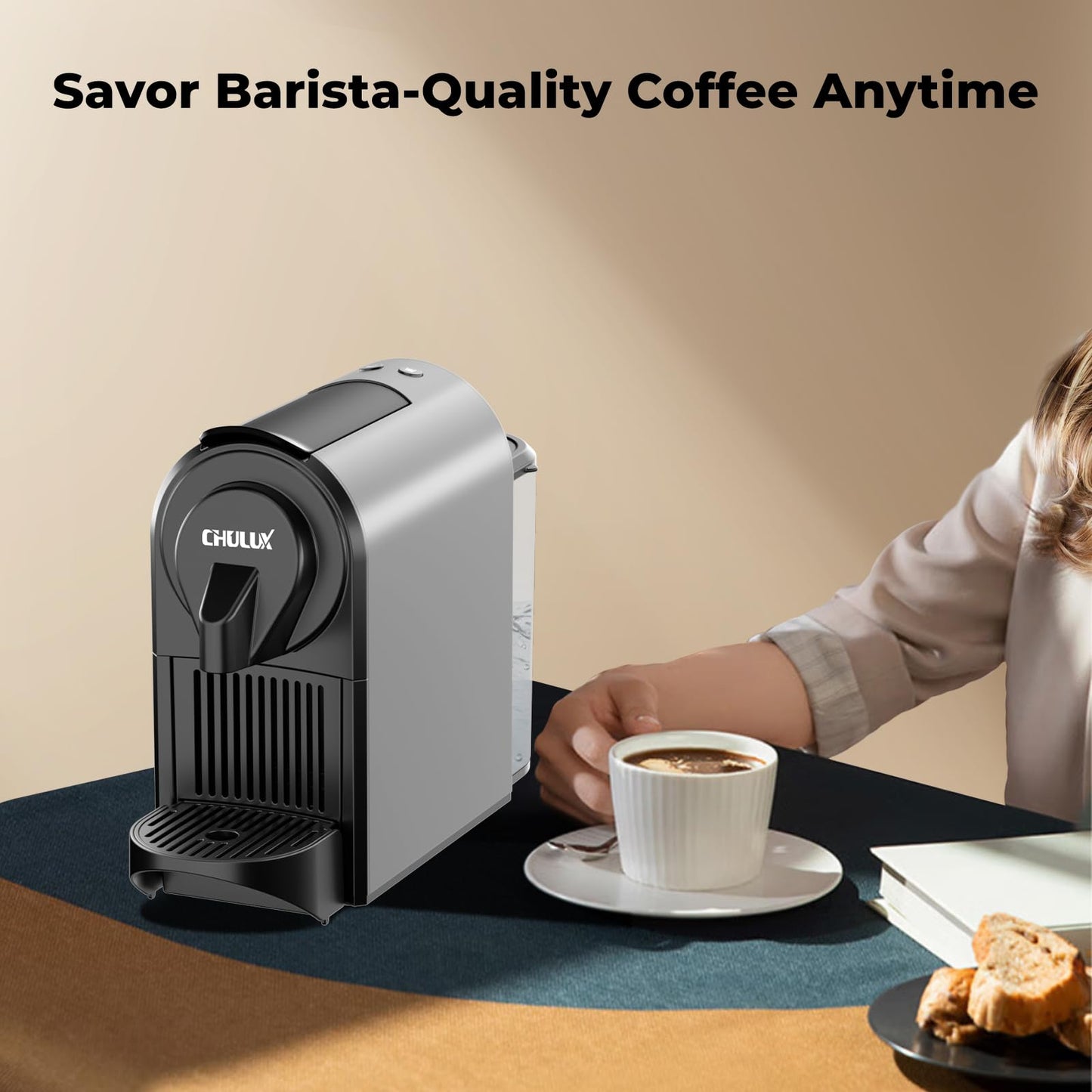 CHULUX Compact Espresso Machine, 20 Bar Single Serve Coffee Maker, Dual Brew Sizes for Espresso and Lungo, 1400W Rapid Brewing, Mystic Gray (Upgrade Model)