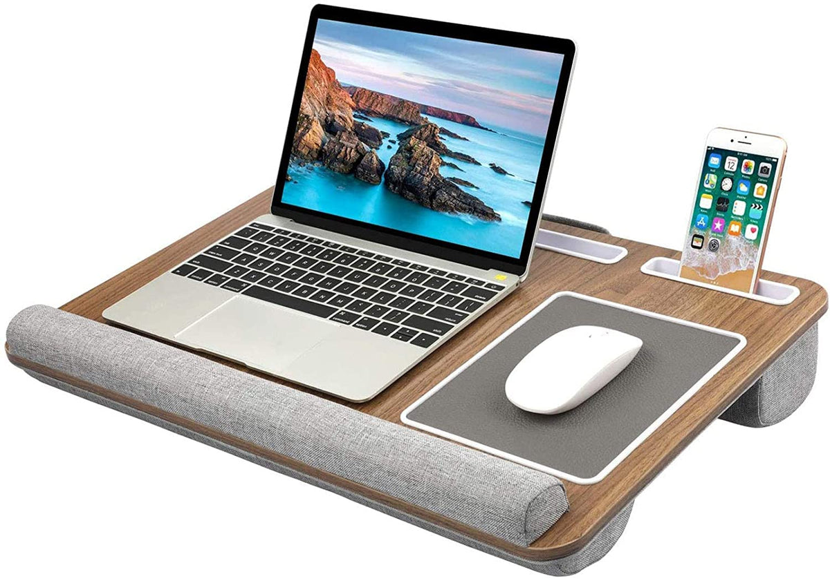 HUANUO Lap Desk - Fits up to 17 inches Laptop Desk, Built in Mouse Pad & Wrist Pad for Notebook, Laptop, Tablet, Lap Stand with Tablet, Pen & Phone Holder, Brown Woodgrain