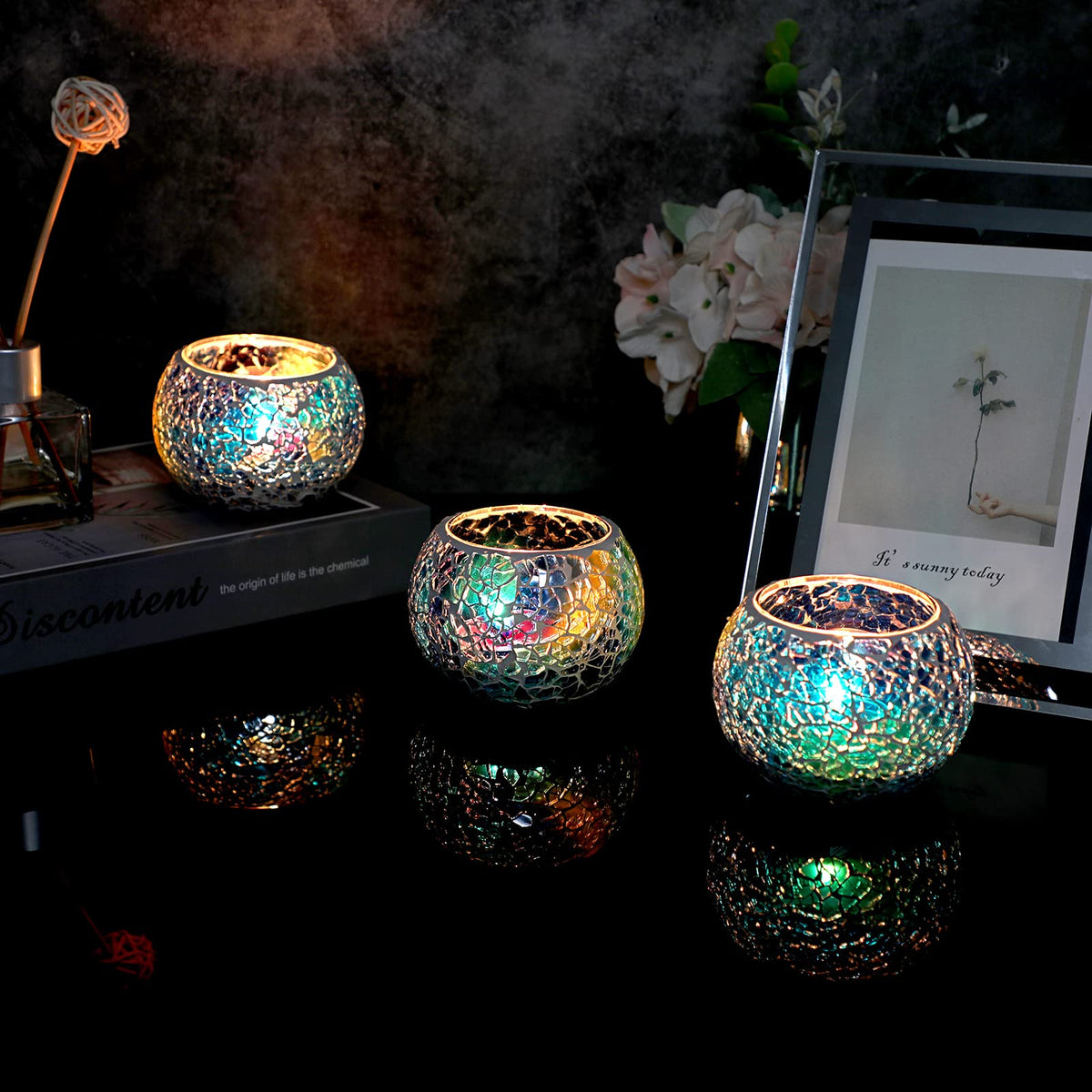 OwnMy Set of 3 Blue Mosaic Glass Tea Light Holders Round Bowl Votive Candle Holders Pillar Candle Stands, Glass Mosaic Tealight Holders Potted Plant Bowl Vase Candle Centerpiece for Table Wedding