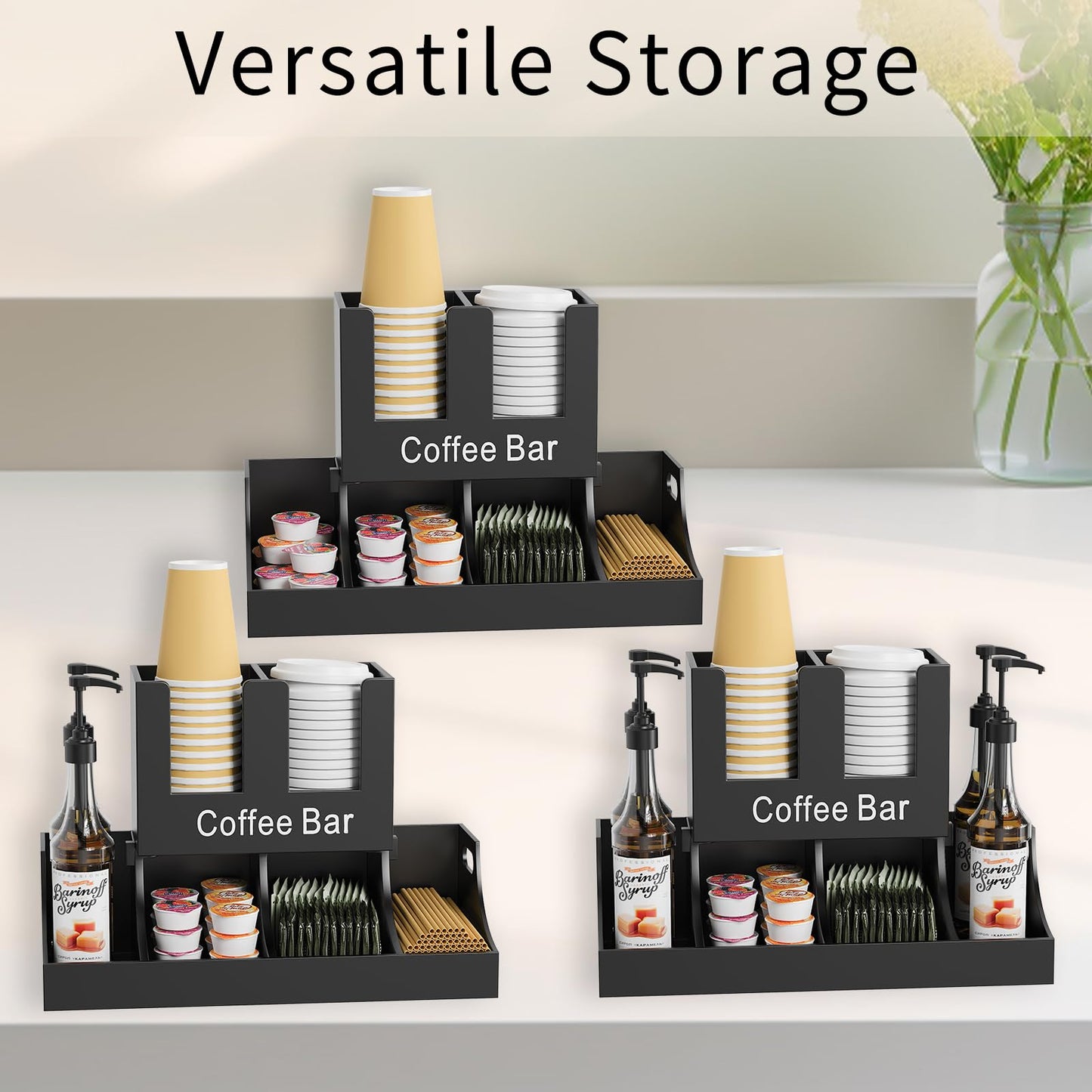 Busidhji Coffee Station Organizer, Wooden Coffee Bar Organizer for Countertop, Condiment and Cup Storage Organizer, Bar Accessories for Kitchen, Office, Home, Black