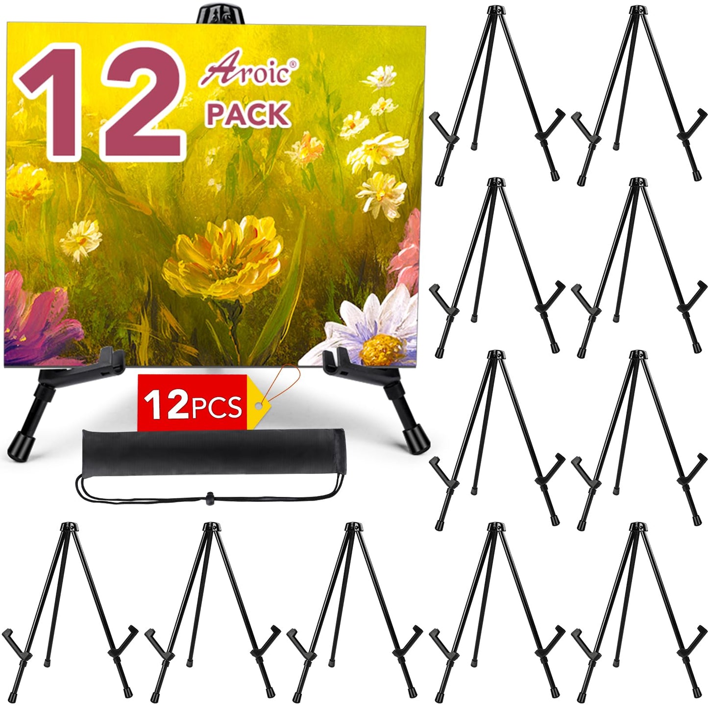 AROIC 12 Pack 14'' Tabletop Easels, Black Steel Table Top Easels for Display, Adjustable Portable Table Top Easel for Paintings, Signs, Posters,Frame Pictures(with 12 Bags)