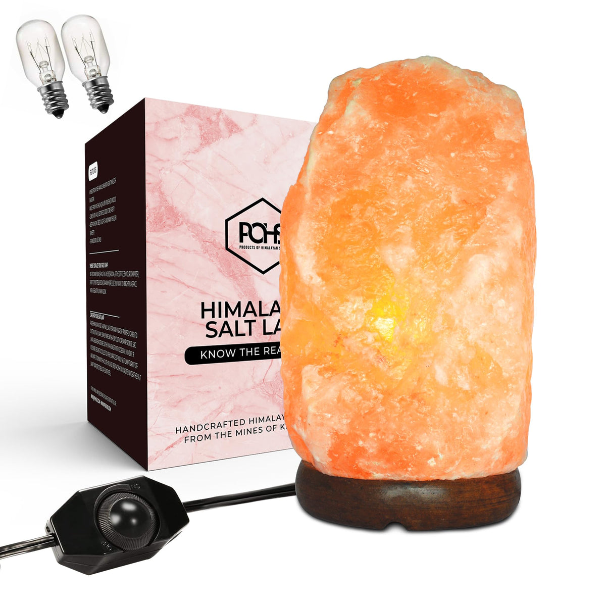 POHS 10–12 Inch Tall, 11–15 lbs Extra Large Himalayan Pink Salt Lamp | 100% Authentic Natural Hand-Carved Crystal Rock Salt Lamp with Wooden Base, Dimmable Cord & Bulb Replacement Included