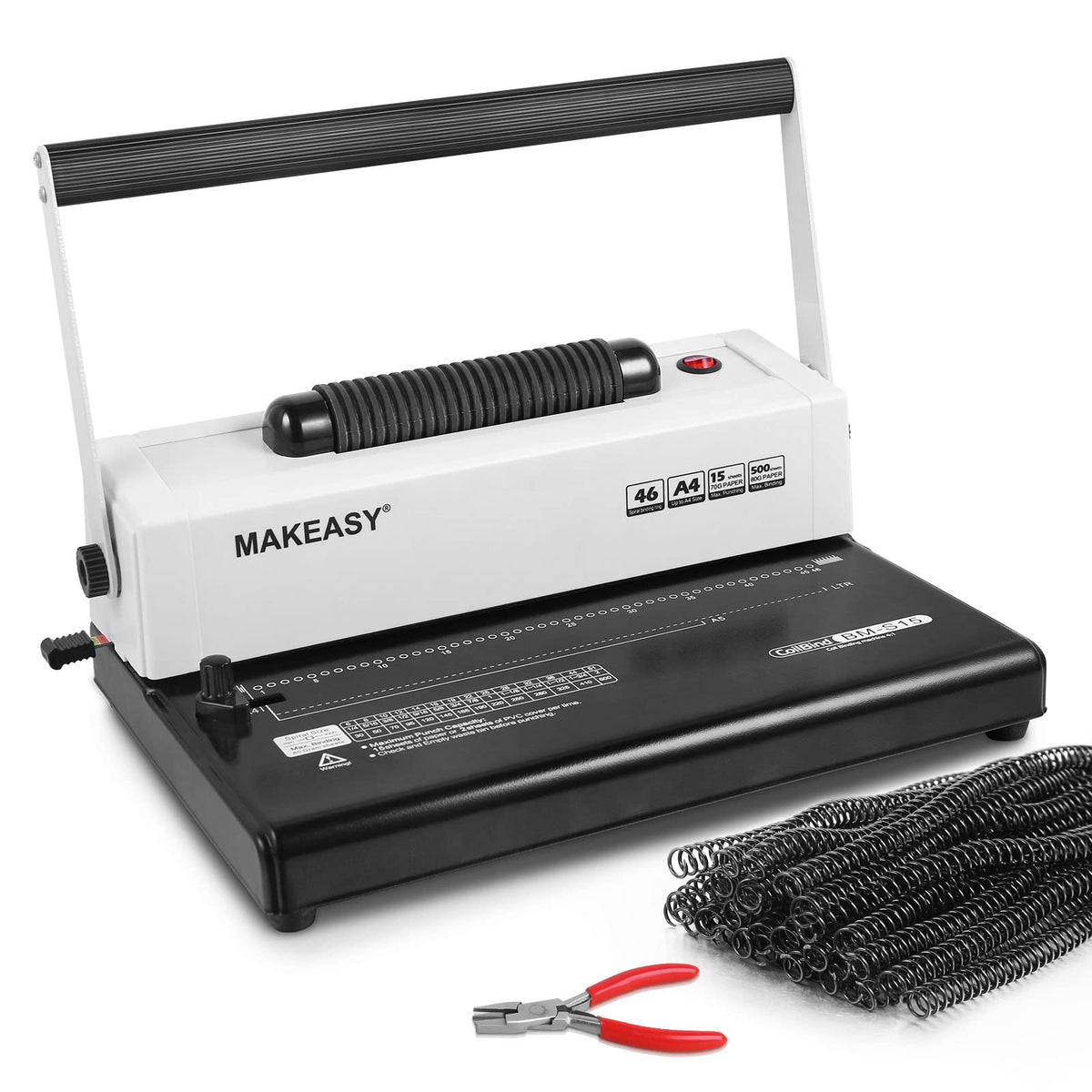 MAKEASY Coil Spiral Binding Machine 4:1 pitch - Manual Hole Punch - Electric Coil Inserter - Adjustable Side Margin - for Letter Size/A4/A5, Comes with 1 Box 5/16'' Plastic Coil Binding Spines & Plier