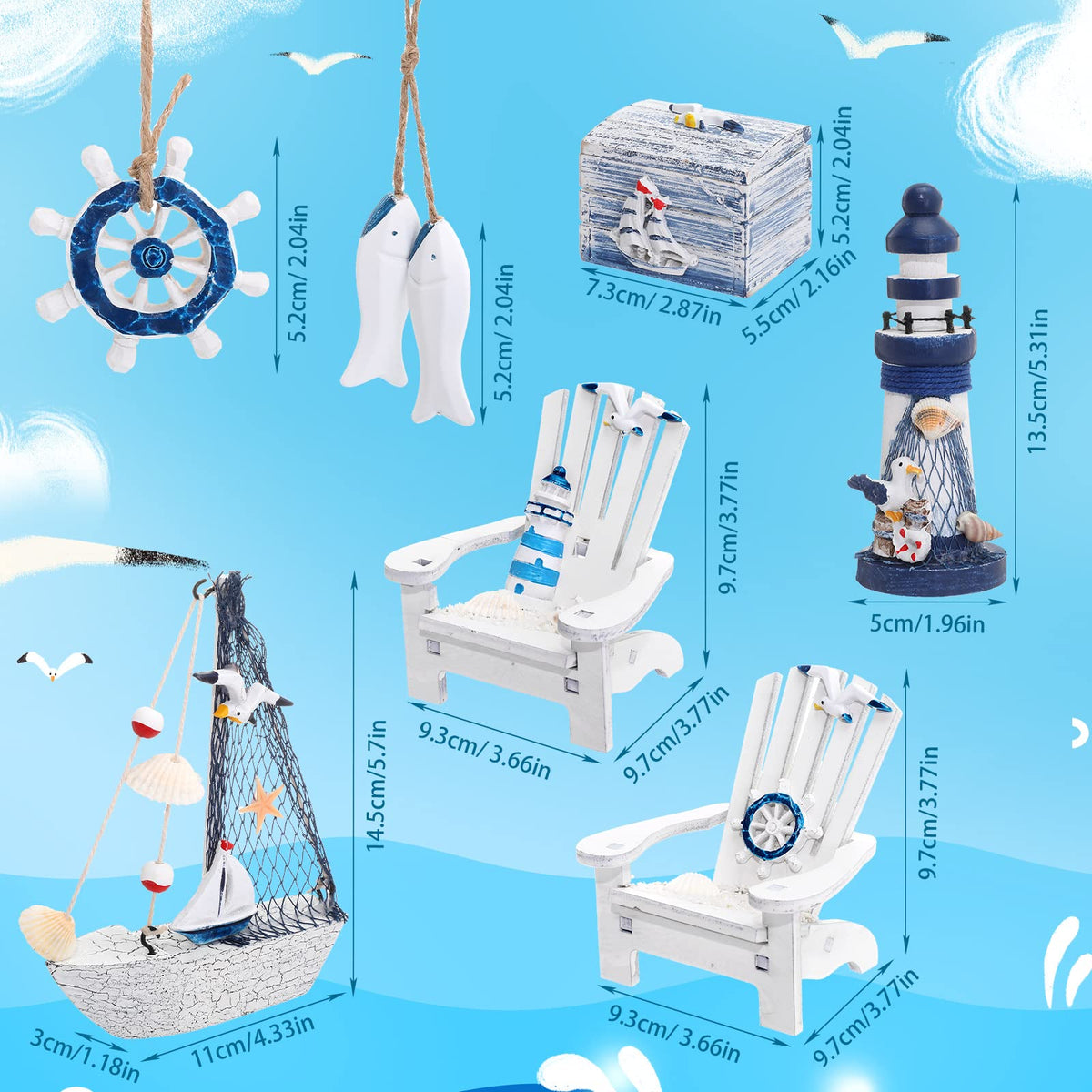 7 Pieces Wooden Box Wooden Lighthouse Mini Sailboat Anchor Fish Hanging Starfish Model Spring Summer Easter Tree Ornament Decoration Aquarium Decor Landscape Tank Ornament Office Mini Garden Landscape
