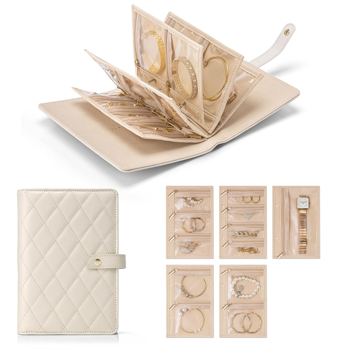 VLANDO Travel Jewelry Organizer Case,Large Jewelry Storage Book Ring Binder with Clear Zipper Velvet Jewelry Pouches Bags for Rings,Bracelet,Earrings-Cream White