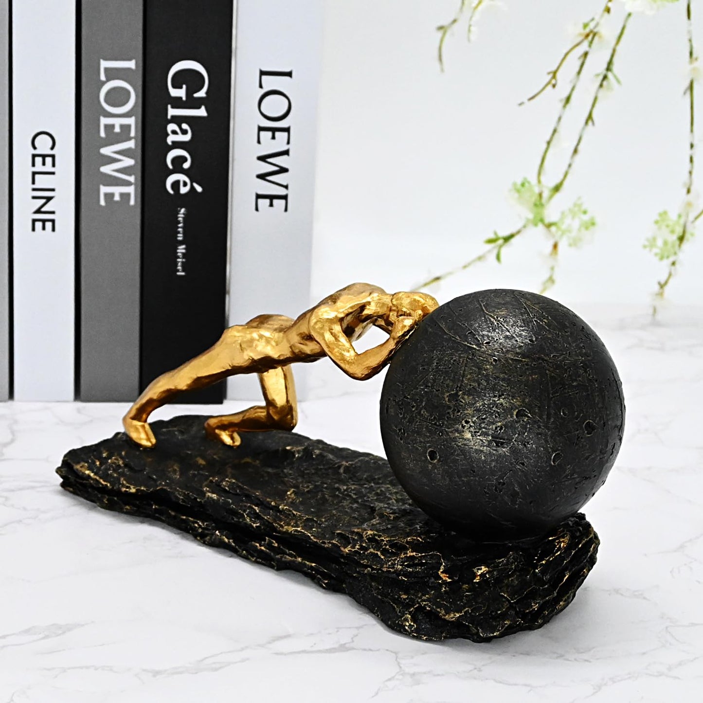 Juliahestia Modern Decorative Statues Apartment Decorations Contemporary Home Decor Sisyphus Rolling Boulder Sculpture Men House Living Room Aesthetic Man Cave Shelf Desk Masculine Office
