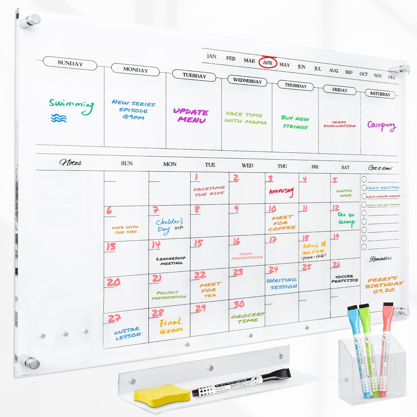 Acrylic Calendar for Wall - 24x18” Wall Calendar, Dry Erase Calender, Clear Calendar for Wall, Includes Magnetic Pen, Tray Holders, 4 Markers and 1 Eraser