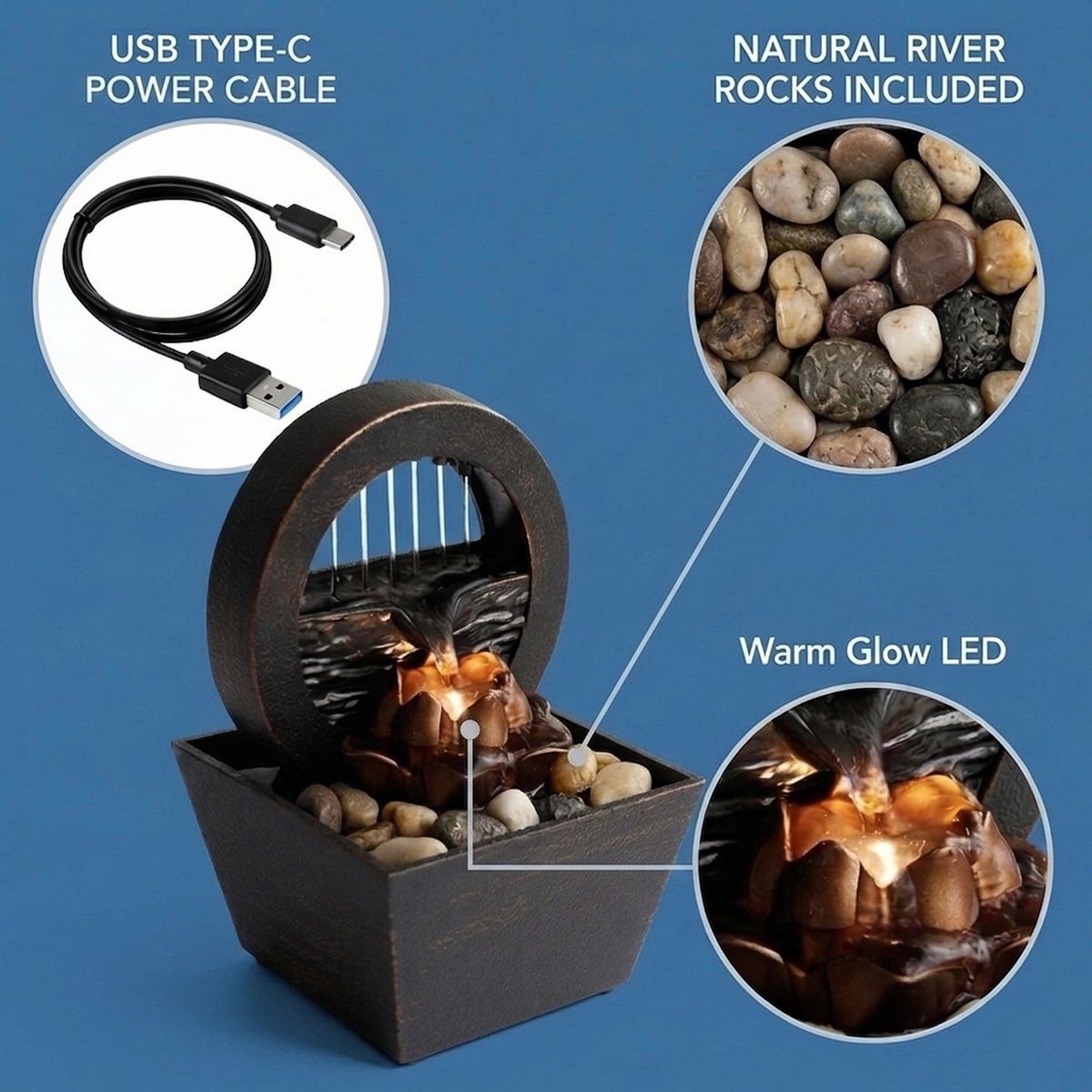 USB Tabletop Water Fountain with Warm Yellow LED – Compact Indoor Fountain with Real River Stones – Quiet Desktop Waterfall for Office, Bedroom, Yoga, Meditation – Bronze