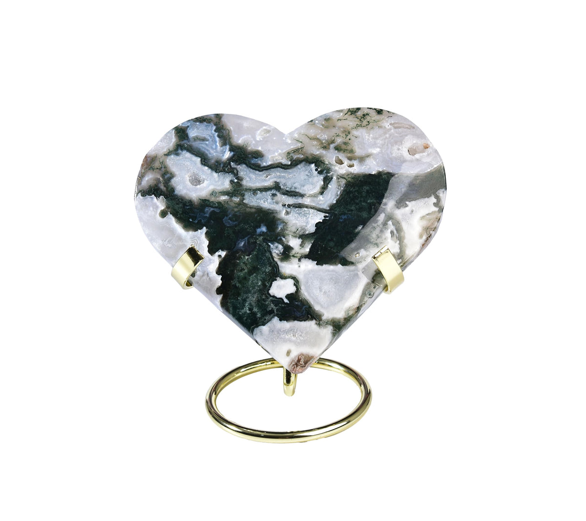 AMOYSTONE Large Heart Shaped Rock Stone Moss Agate Heart Rock Collection Mineral Specimen Home Office Decor, 4.5-5"/pc with Golden Alloy Bracket