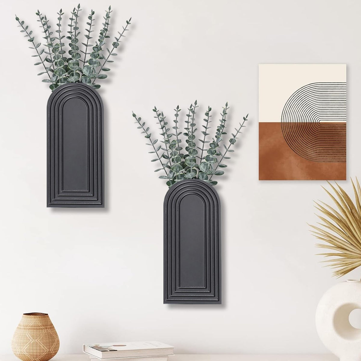 Dnnnii 2 Pack Wooden Wall Vase Set - Black Finish Modern Farmhouse & Boho Wall Decor for Entryway, Hallway, Bathroom, Living Room, Dining Room, Narrow Spaces