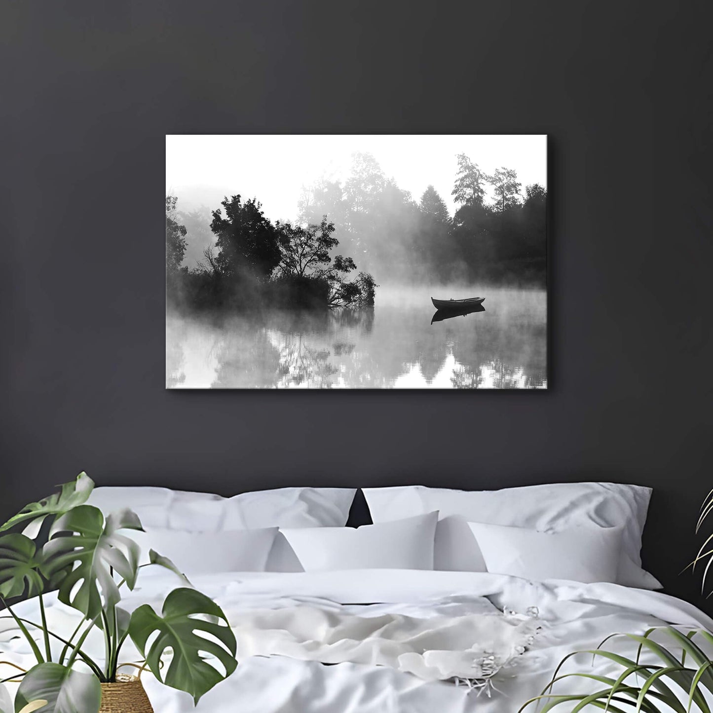 Nature Lake Wall Art Canvas: Foggy Forest Landscape Picture Water Scenery Print Black Boat Artwork Decor Calming Painting for Living Room Bedroom Home Office