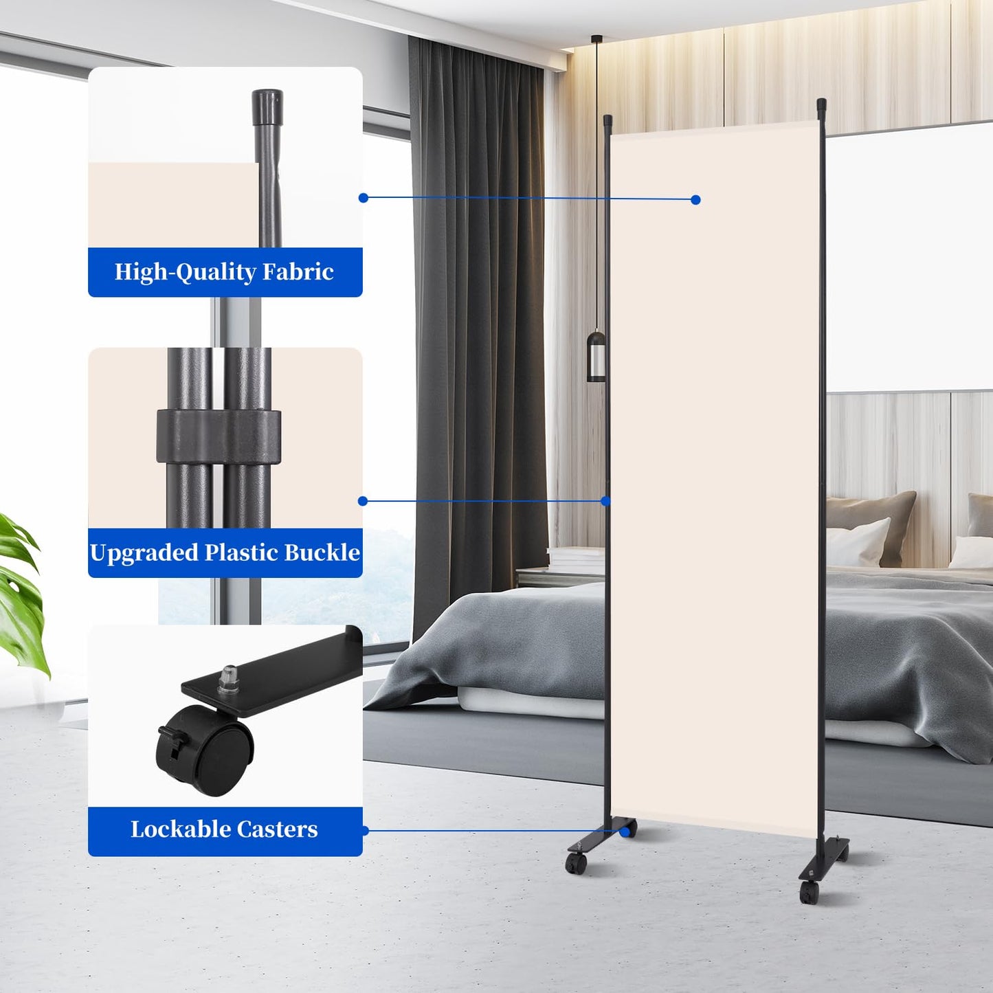 Room Divider 6FT Room Partition with Lockable Wheels, (Thicked Metal Base) Room Dividers, Freestanding Indoor Folding Privacy Screens, Portable Fabric Wall Divider for (Beige, 21.5"- 1 Panel)