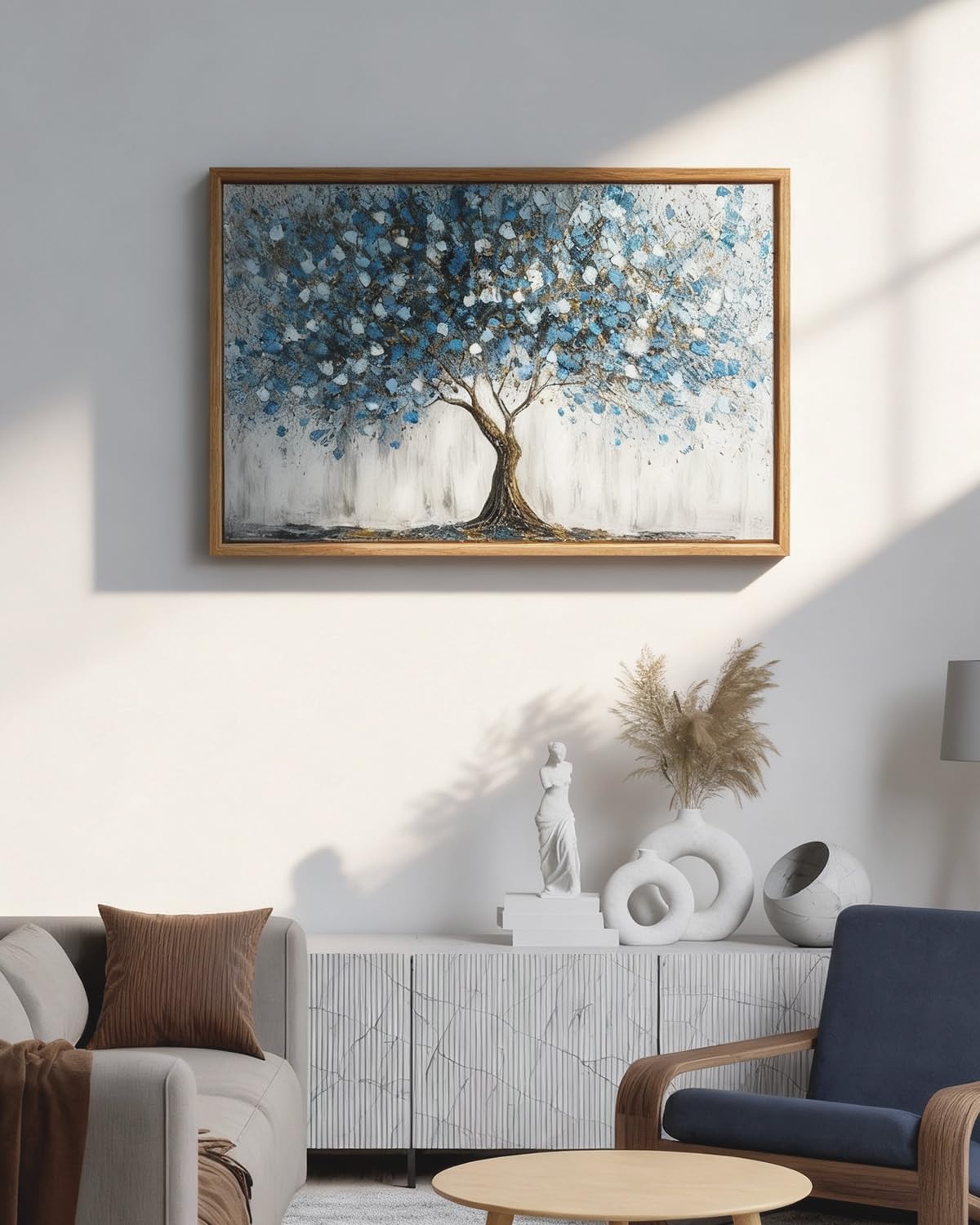ARPEOTCY 3D Textured Large Framed Canvas Wall Art Prints, Abstract Modern Hand-Painted Blue Tree of Life Oil Painting, Neutral Artwork Home Wall Decor for Living Room Bedroom Office, 16x24inch