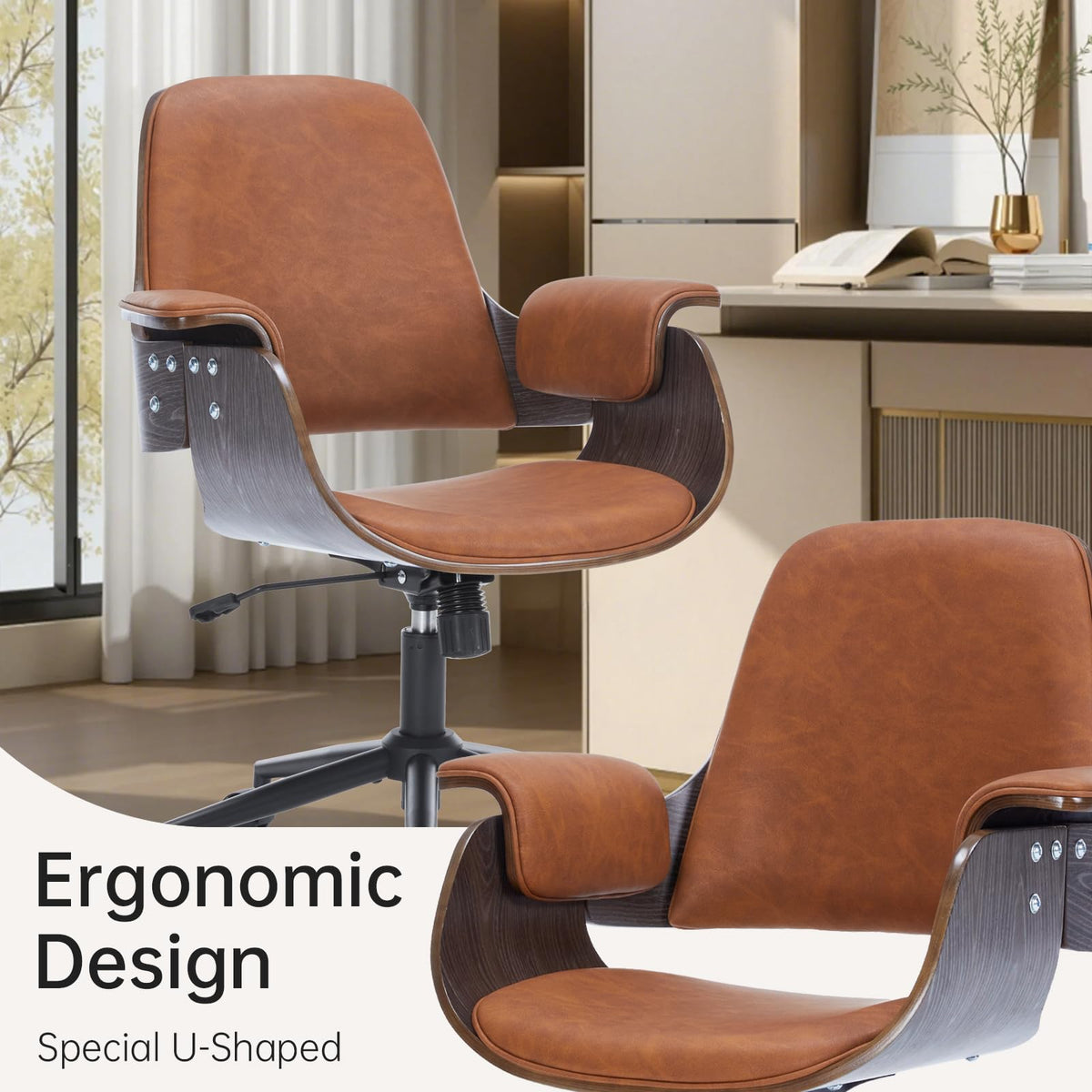 Mid Century Modern Home Office Chair,Ergonomic U-Shape Mid Back Executive Chair,Adjustable Height Swivel Computer Chair with Walnut Finish&PU Leather,Accent Chairs for Study Bedroom Workspace(Brown)