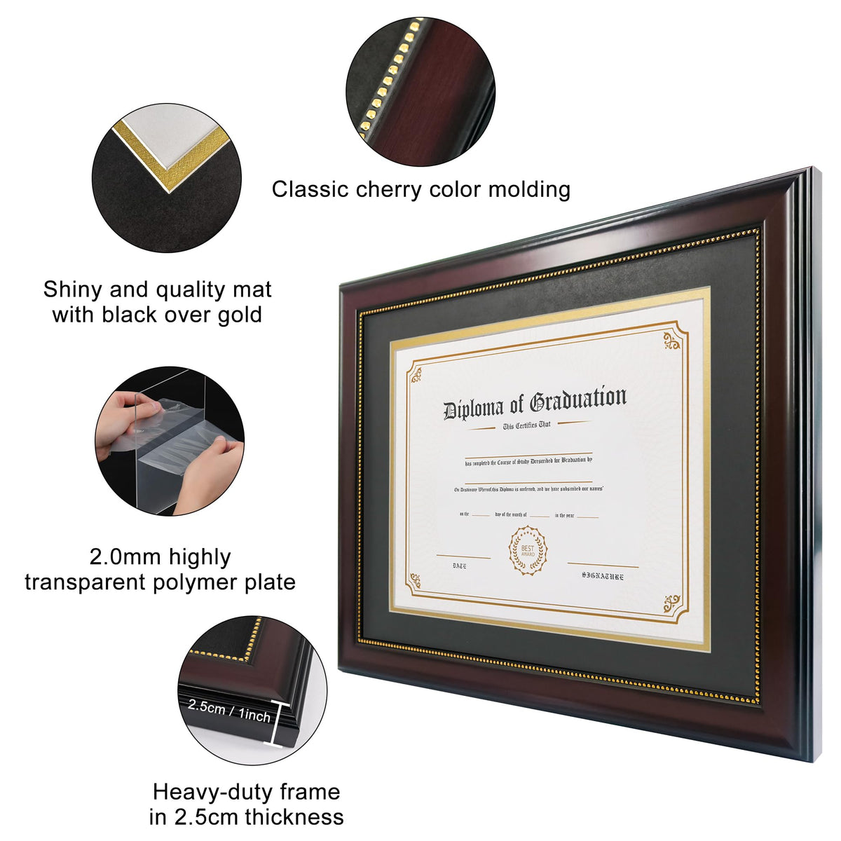 GraduatePro 8.5x11 Diploma Frame with Black Over Gold Mat or Display 11x14 Document without Mat, CPA License Frame, UV Protection Acrylic, Mahogany with Gold Beads