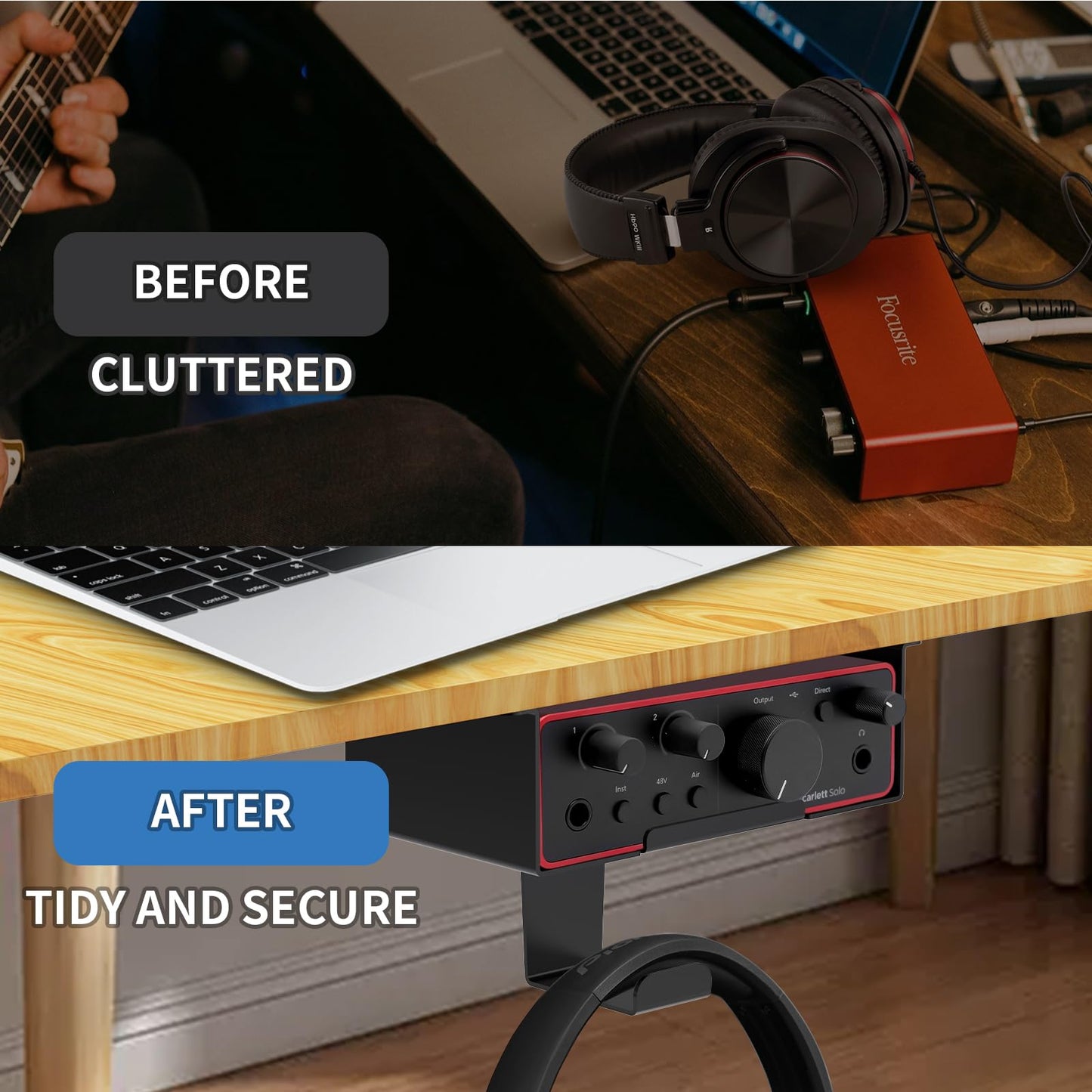 FSNIWEKO Under Desk Mount for Focusrite Scarlett Solo 3rd Gen/Solo 4th Gen with Headphone Hanger Stand,Under Desk Metal Shelf Organizer for Audio Interfaces and Studio Gear (Black Holder Only)