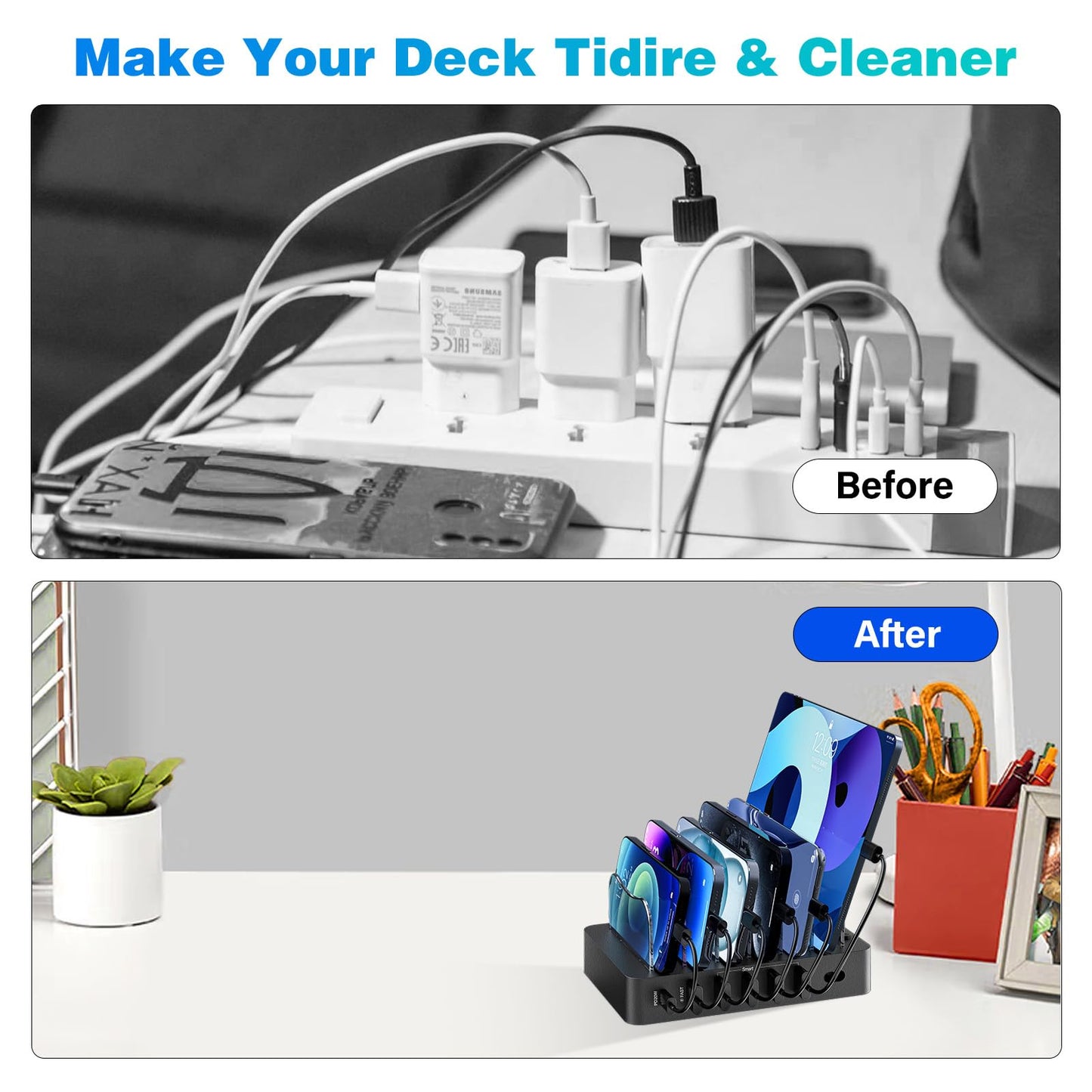 Charging Station for Multiple Devices 68W 6 Port Phone Charger Dock with 6 Cables, 20W Black Fast Charging Station Compatible with Apple Cellphone iPad iPhone Tablet(Black)