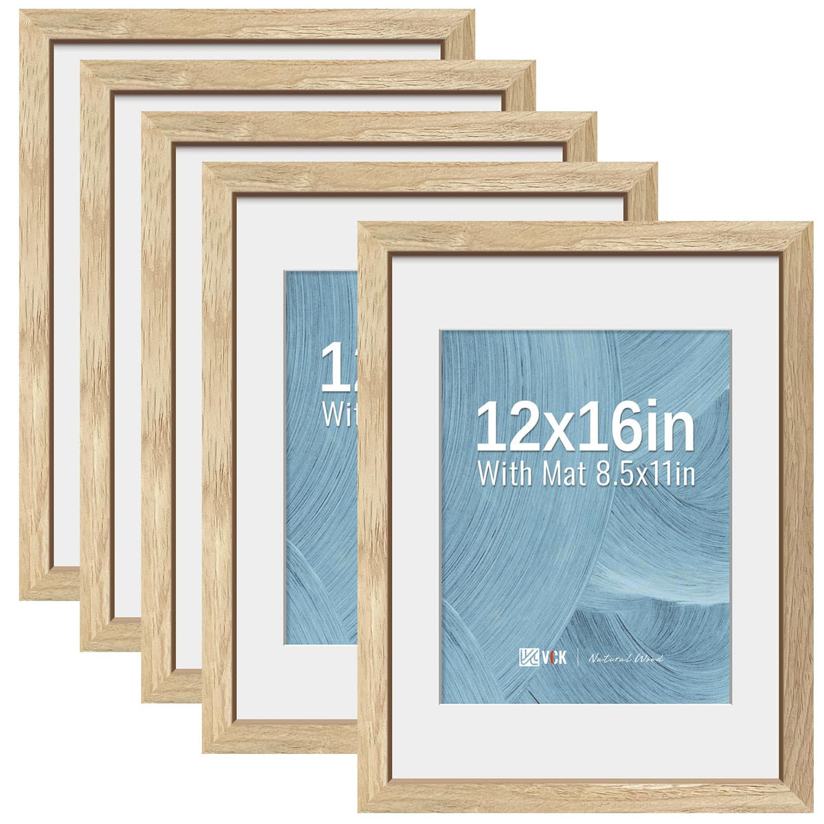 VCK 12x16 Picture Frame 5 Pack - Natural Wood Grain, High-End Wood Poster Frames with Tempered Glass, Display 8.5x11 Photo with Mat or 12x16 without Mat, Art Gallery-Quality, Wall Hanging, Natural