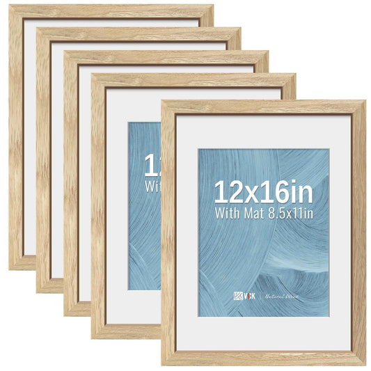 VCK 12x16 Picture Frame 5 Pack - Natural Wood Grain, High-End Wood Poster Frames with Tempered Glass, Display 8.5x11 Photo with Mat or 12x16 without Mat, Art Gallery-Quality, Wall Hanging, Natural
