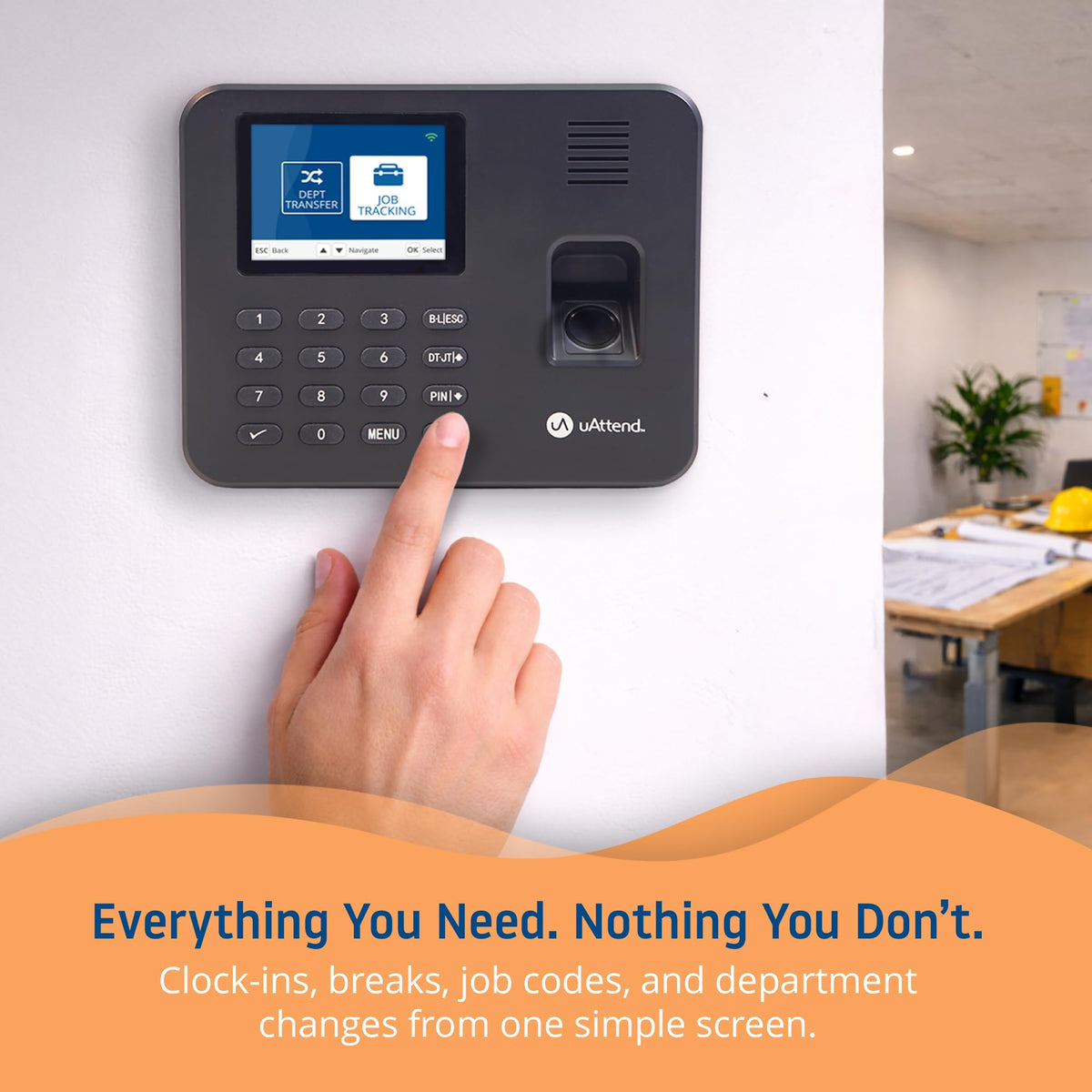 uAttend RE2000 Biometric Time Clock for Employees – Fingerprint + PIN Punching, Wi‑Fi Cloud Time & Attendance System with Offline Storage, Payroll-Ready – Small Business Time Tracking
