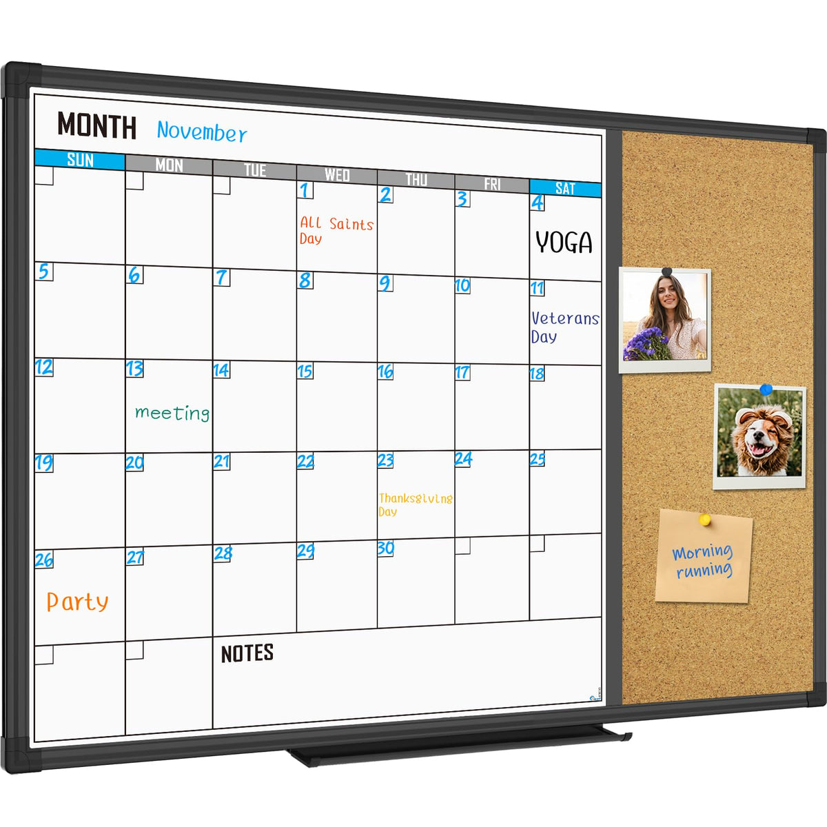 XBoard Dry Erase Calendar Whiteboard 28 X 20 - Combo White Board Calendar Monthly, Magnetic White Board + Corkboard with Black Aluminum Frame