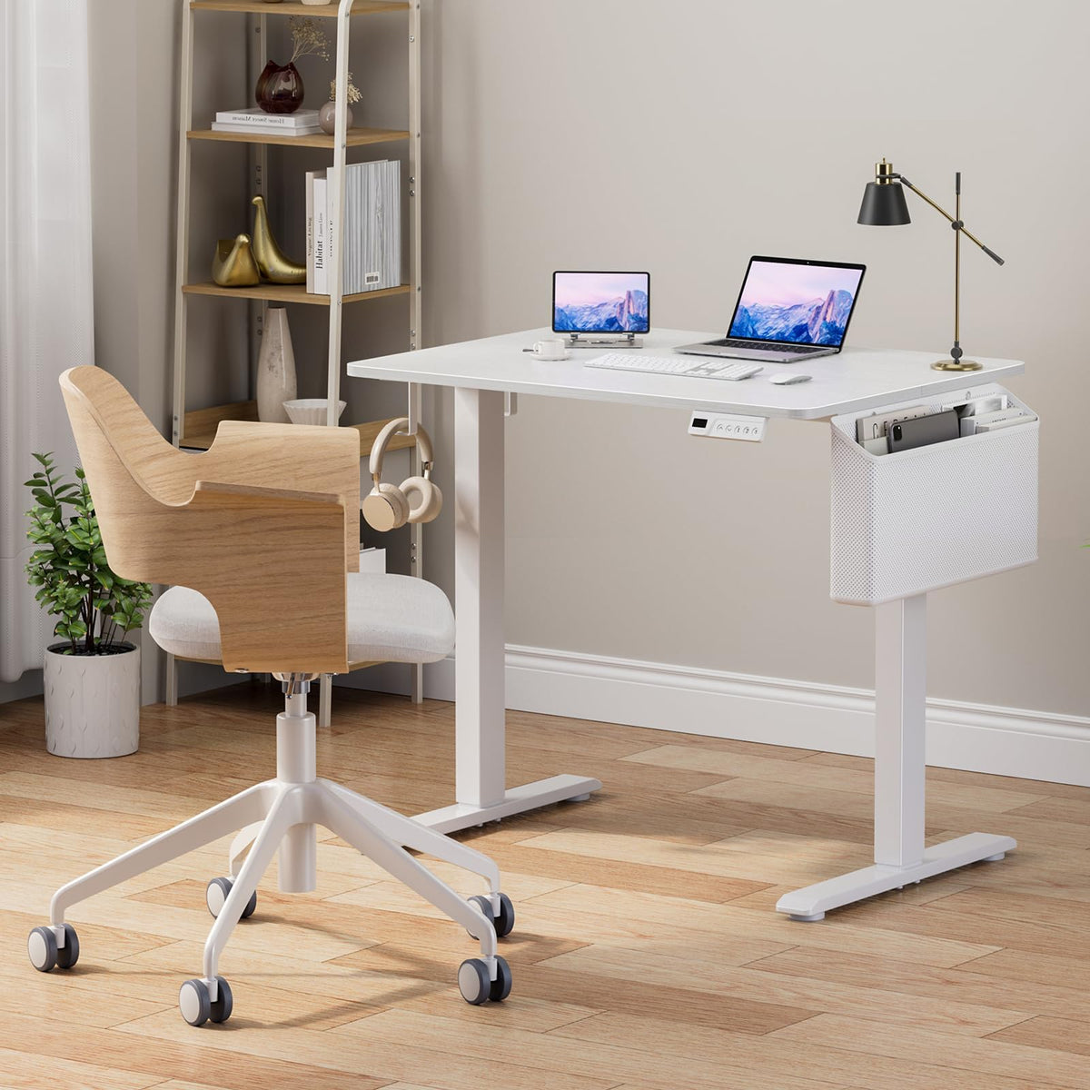 KLUVIS White Electric Standing Desk - 32 Inch Small Adjustable Height Stand up Desk for Writing Study Work, Mini Sit to Stand Desks Workstation for Small Space Adult Boys Girls Bedroom Home Office