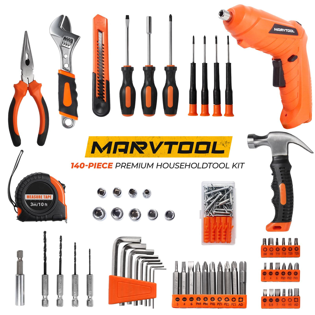 MarvTool 140 Piece Tool Set, Portable Tool Box with Cordless Drill, Home Repair Hand Tool Kit, General Household Drill Set for Homeowner, DIY, Handyman, Women