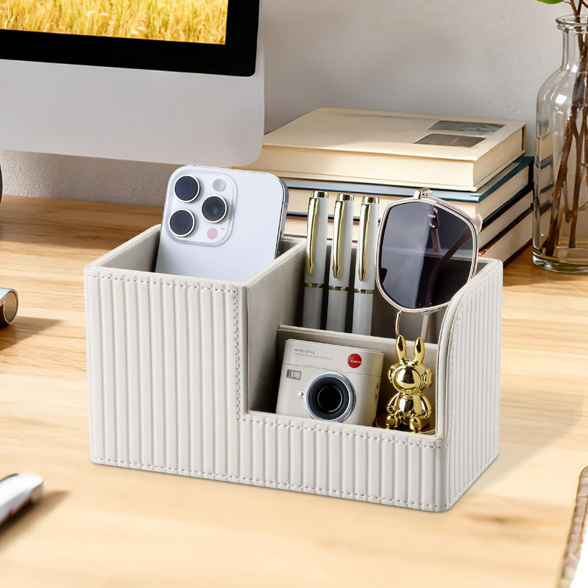 KINGFOM Desk Pen Organizer Office Supplies Caddy Pu Leather Multi-function Storage Box Pen/Pencil,Cell phone, Business Name Cards Remote Control Holder (Ivory White)