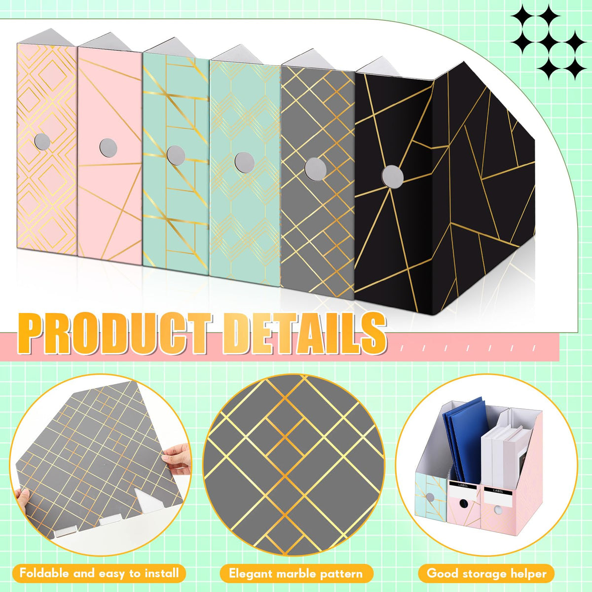 PerKoop 6 Pcs Decorative Magazine File Holders Floral Foldable File Folders Magazine Storage Boxes Rack Desk Organizer Documents with Printable Labels for School Office Home (Geometric Lines)